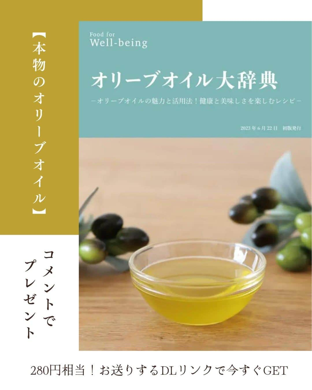 かわしま屋のインスタグラム：「定価280円相当 期間限定で無料配布🆓  オリーブオイル大辞典  ┈┈┈┈┈ ❁ ❁ ❁┈┈┈┈┈  本物のオリーブオイルの見分け方をはじめ、 オリーブオイルを使った活用法やレシピを １冊にぎゅっとまとめました📕  オリーブオイルの魅力を知って、生活に取り入れてみませんか？  印刷もOK！ぜひお手元に置いてみてください✨  〜〜〜〜〜〜〜〜〜〜〜〜〜  この投稿に【本物のオリーブオイル】とコメントをしてくださった方全員に、 今すぐDMで、PDFダウンロード用リンクをプレゼント🎁  会員登録等不要で、無料でダウンロードできます♪  （フォローをしていない場合、メッセージがリクエストに届いている場合があります。）  〜〜〜〜〜〜〜〜〜〜〜〜〜  いいね・フォロー・保存もよろしくお願いします🤝 大変励みになります💪  #かわしま屋 #wellbeing #オリーブオイル #本物のオリーブオイル #オリーブ #エクストラバージン #エクストラバージンオリーブオイル #有機 #オーガニック #無濾過 #低温圧搾 #コールドプレス #化学溶剤不使用 #遮光 #フレッシュ #イタリア #レシピ #アレンジレシピ #食生活 #栄養 #美容 #健康 #おすすめ #プレゼント #全員プレゼント #プレゼント企画 #プレゼントキャンペーン #キャンペーン」