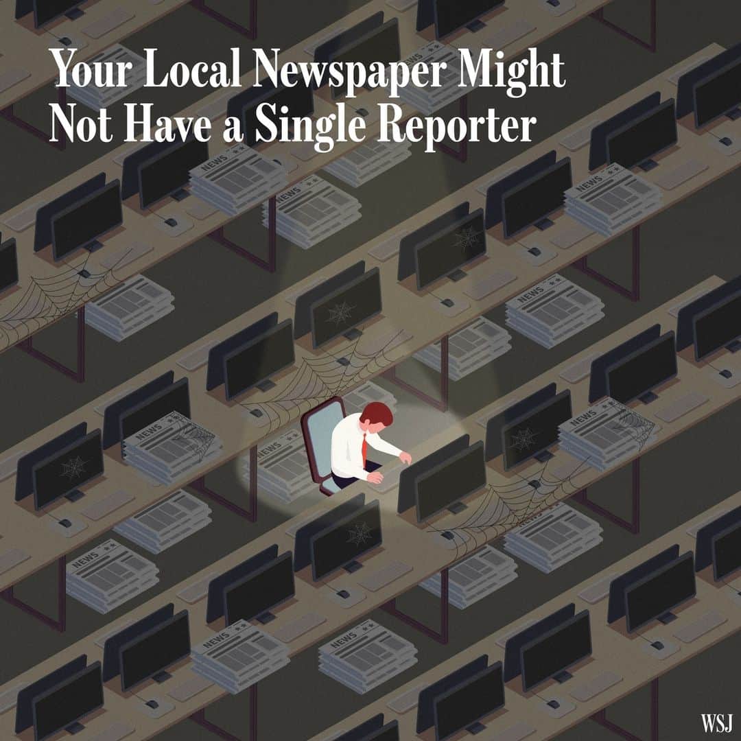 Wall Street Journalのインスタグラム：「“Ghost newsrooms”—newspapers that have little to no on-the-ground presence in the localities whose name they bear—are increasingly dotting the American media landscape. It is a sobering development in an industry that has been brought to its knees by the rise of digital media and large technology companies.⁠ ⁠ Dozens of newspapers across the U.S. don’t have a single full-time reporter dedicated to that publication, according to a WSJ analysis and industry observers.⁠ ⁠ Many newspapers “are so depleted in staff, or maybe have no staff, that they’re not able to provide the sort of communication the residents in that community need to make wise decisions,” said Penelope Abernathy, a visiting professor at Northwestern University and lead author of a recent report on the state of local news in the U.S. ⁠ ⁠ In some places, startups have sprouted to cover the issues that no longer appear in the local paper’s pages, but not to a degree large enough to offset the decline of established news publications, the study said. ⁠ ⁠ The lack of local-news coverage could make it more difficult to detect corruption, journalists and industry observers say. They cite the importance of covering hot-button topics, especially as localities confront a number of societal issues, including school curricula and policing.⁠ ⁠ The hollowing out of local newsrooms comes as waves of consolidation and layoffs have significantly changed the country’s news landscape over the past decade. Smaller outlets were hit particularly hard by sharp declines in circulation and incursions into their online advertising businesses from tech giants such as Google and Facebook. ⁠ ⁠ Read more at the link in our bio.⁠ ⁠ 🎨: @emil.lendof / WSJ; iStock」