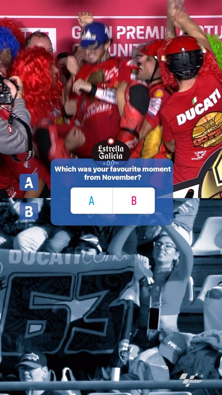 MotoGPのインスタグラム：「It’s time to choose the last funniest moment of the season! 👀 @ducaticorse gatecrashing @pecco63’s World Champ press conference or the fans dancing “La Macarena” 💃 Vote now! 🗳️  #ValenciaGP🏁 #MotoGP #Motorsport #Motorcycle #Racing」