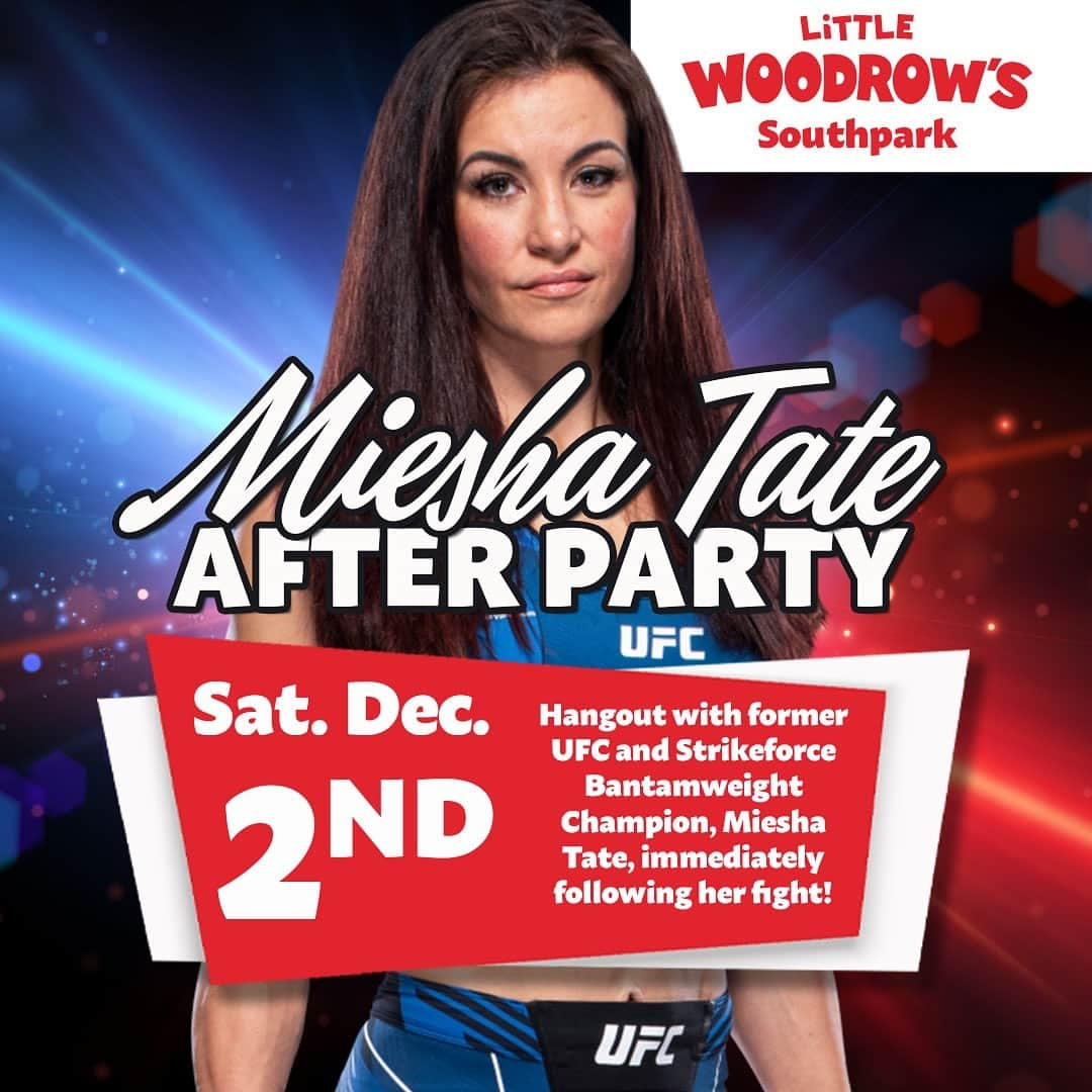 ミーシャ・テイトのインスタグラム：「Don’t miss out on a chance to hangout with Former UFC and Strikeforce Bantamweight Champion, @mieshatate at Little Woodrow’s SouthPark Meadows!🥊 Join us THIS Saturday (12/2) immediately following her fight for autographs, photos & more!📸👊」