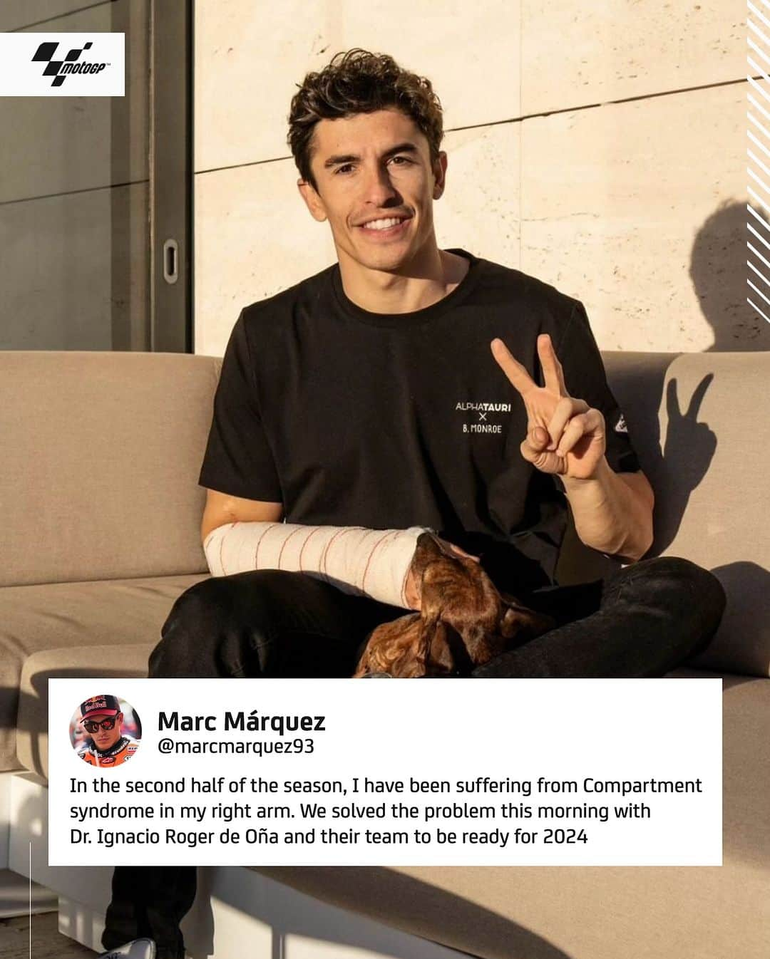 MotoGPのインスタグラム：「On the mend! 🤕 @marcmarquez93 undergoes arm pump surgery just one day after the #ValenciaTest ⏱️ Join us in wishing him a speedy recovery! 💪  #MotoGP #Motorsport #Racing #MM93 #MarcMarquez」