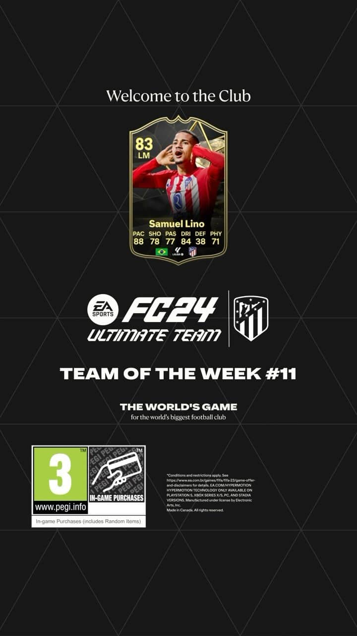 アトレティコ・マドリードのインスタグラム：「Muita qualidade ⚡  🔥 ¡Samu Lino, elegido en el #TOTW de #FC24! 🔥 Un poco de samba para tu equipo cortesía de nuestro querido Samu 😍」