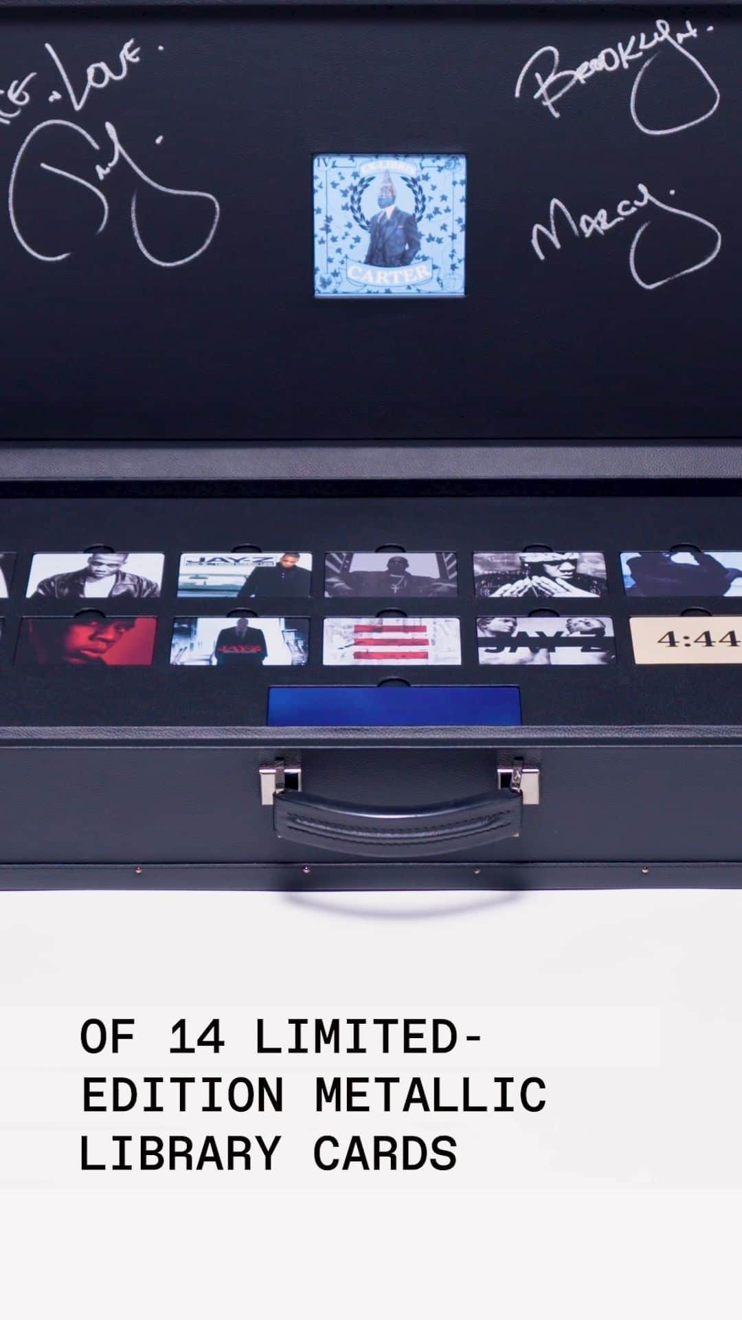 クリスティーズのインスタグラム：「Allow us to reintroduce ourselves…  Christie’s Private & Iconic Collections is proud to present JAY-Z: The Book of HOV | Celebrating an Icon at the Brooklyn Public Library. Roc Nation has created 14 limited-edition metallic library cards, featuring artwork from JAY-Z’s 13 iconic solo albums — from Reasonable Doubt to 4:44 – and The Book of HOV exhibition. This unique sale is comprised of this complete set of metallic library cards, along with a The Book of HOV bookmark, all housed in a bespoke leather case signed by JAY-Z.  Learn more via our LinkinBio!  Open for Bidding: 29 November - 5 December  On View: 1 - 5 December」