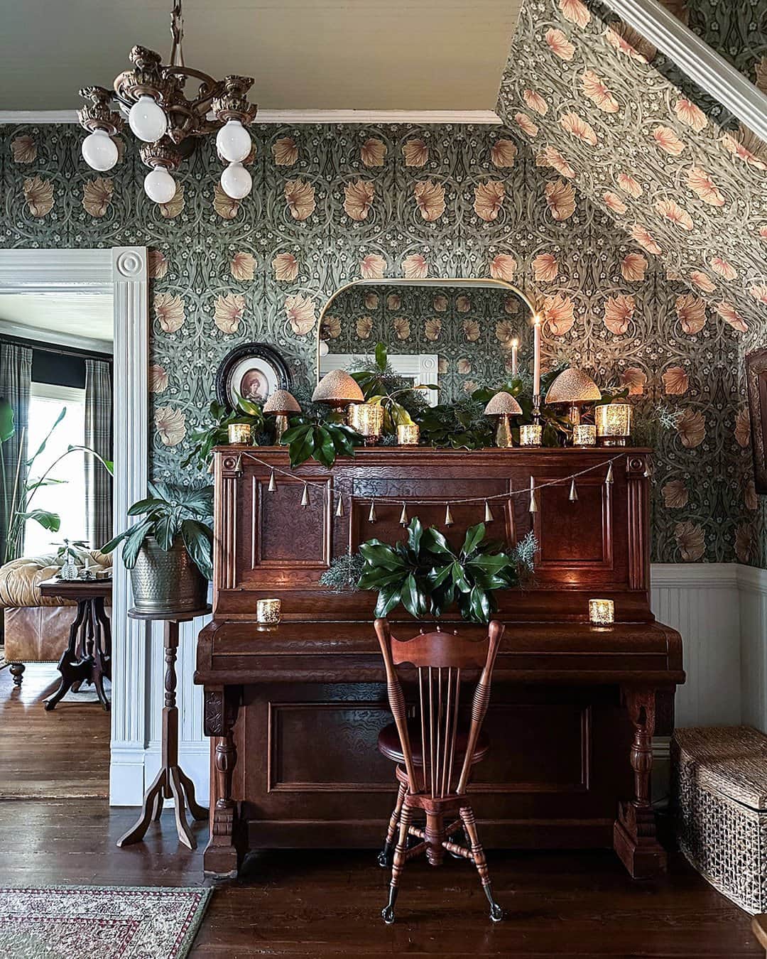 west elmのインスタグラム：「We love how @victoriannerdess bedecked her home's piano to create this nature-inspired holiday tableau, featuring our Decorative Glass Mushrooms and Etched Mercury Glass candle holders. 🍄 Shop this entire look at our link in bio!」