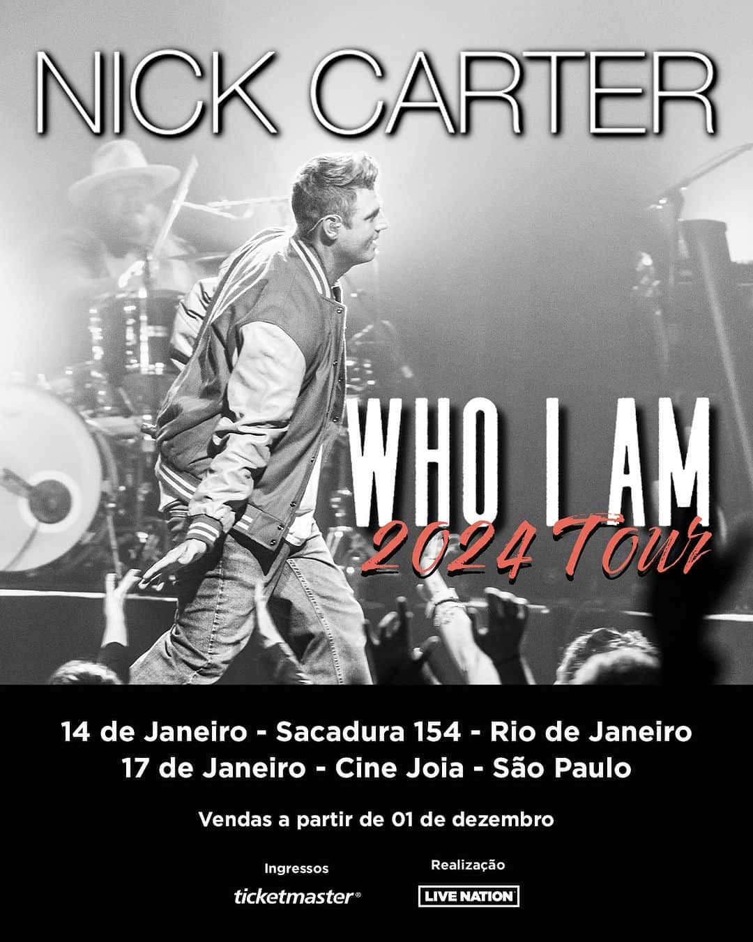 ニック・カーターのインスタグラム：「Nick Carter is back, alright! 🎙️ A saudades do Brasil bateu, e por isso o Nickles vai levar a turnê #WholAm para nosso país. Os shows vão acontecer no Rio de Janeiro (14/01) e em São Paulo (17/01) e promete colocar todo mundo para reviver o sonho adolescente e ao mesmo tempo descobrir um novo Nick Carter. ❤️😭  Bora? A pré-venda de fã clube começa AMANHÃ, 30/11, das 15h até 23h59 do mesmo dia. Já a venda geral se inicia dia 01/12, às 10h no site da @ticketmasterbr e às 12h nas bilheterias oficiais.」
