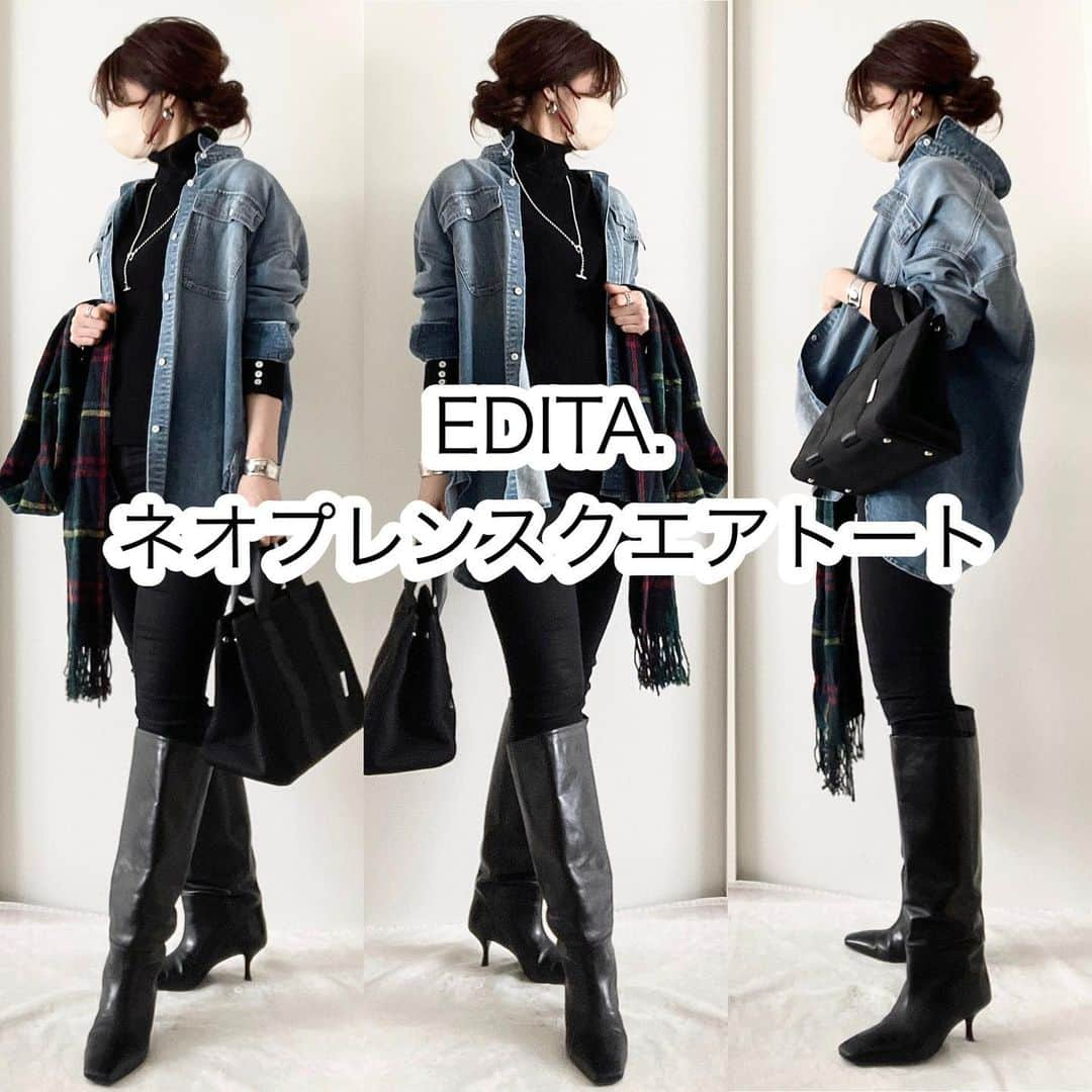 meiのインスタグラム：「. EDITA. ネオプレンスクエアトート👜  ウエットスーツ素材として知られるネオプレーン生地を使用しているから軽量で丈夫なトートバッグ これ、手洗ができるんです！ だから多少汚れても安心😊 . サイドにあるスナップボタンを広げたらA4サイズも収納可能だからビジネスバッグとしてもおすすめ ショルダー紐付きで3way仕様で使えます 見た目もメッシュ生地でシンプルなデザインだからどんなコーデにも合わせやすいし男性でも使えるから夫婦で使えるのも嬉しい♡  カラーはブラックとモカがあるよ  ストーリーにリンク貼っておくのでチェックしてみてね！  @edita.official   #EDITA #エディータ #洗える #軽量 #旅行 #ママ #マザーズバッグ #ペアレンツバッグ」