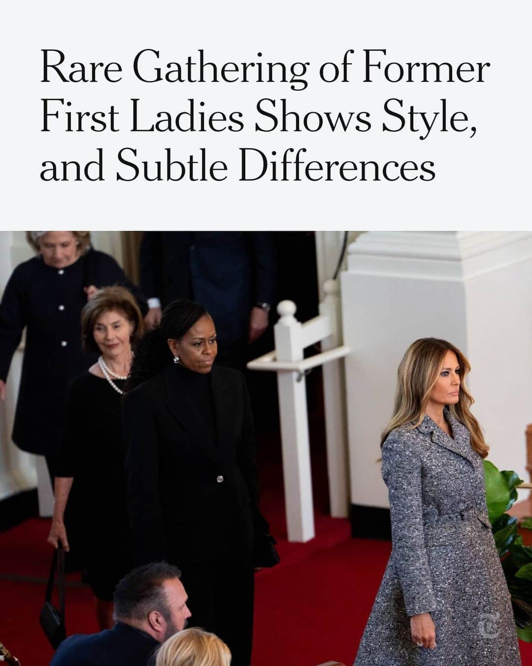 New York Times Fashionのインスタグラム：「Melania Trump has eschewed almost every major event since leaving the White House in January 2021 (including her husband’s several court appearances) – the rare exception being Donald Trump’s announcement in Nov. 2022 that he was once again running for president. But on Tuesday, she joined the three other living former first ladies — Michelle Obama, Hillary Clinton and Laura Bush — as well as Jill Biden, the current first lady, for Rosalynn Carter’s memorial service.  Trump wore Dior, one of her favored brands during her time as first lady. But unlike everyone else, she did not wear black.   Was the color choice a sign or happenstance? Tap the link in our bio to read the full story from @vvfriedman. Photo by @erinschaff」