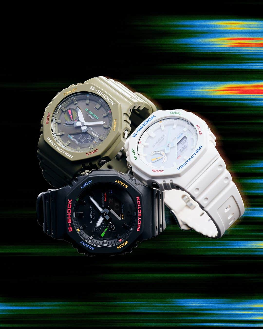 G-SHOCKのインスタグラム：「MULTICOLOR ACCENTS  ワントーンカラーに遊び心をプラス。腕元をポップに彩るマルチカラーモデル。日常に役立つスマートフォンリンクとタフソーラーも搭載し、普段着感覚で身につけられるカジュアルスタイルのNEWモデル。  One-tone colors with a playful touch. Equipped with a smartphone link and Tough Solar for everyday use, this new casual model can be worn like everyday clothes.  GA-B2100FC-1AJF GA-B2100FC-3AJF GA-B2100FC-7AJF  Photo by @hypebeastjp   #g_shock #multicoloraccents #2100 #ワントーンコーデ #腕時計」