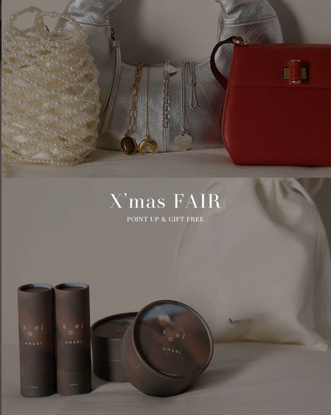 Ameri VINTAGE LUMINE SHINJUKUのインスタグラム：「【X’mas FAIR開催のご案内】 いつも新宿店をご利用いただきありがとうございます。  12月1日(金)より、クリスマスフェアを開催致します！  クリスマスフェアの特典はこちら！  ＜特典1＞ 対象アイテムを¥5,500(税込)以上ご購入で、ポイント5倍&ギフトバッグをプレゼント！ ＜特典2＞ 期間限定でsoelコラボの特別なセットアイテムが登場！ 生せっけんと美容オイルをセット価格にて販売致します。  クリスマスギフトや、ご自身へのご褒美ギフトに、ぜひこのフェアをご活用くださいませ。  ■開催日時 【新宿店】 12月1日(金)〜12月25日(月)  ■対象アイテム ・Vintageアイテム ・セレクトアイテム ・AMERIオリジナルアクセサリー ・AMERIオリジナルバッグ ・AMERIオリジナル小物類（フード/グローブ/マフラー/ボレロ/ベルト/ビスチェ等）  ※ギフトバッグをご希望の場合はお会計時にお申し付けください。(店舗通販の場合も、受付時にお申し付けください。ご申告がない場合は、同梱致しかねます。) ※ギフトバッグはご購入いただいた商品サイズに合わせ、お一人様1点とさせていただきます。 ※対象商品は、ご購入時にポイント5倍付与させていただきます。  @amerivintage #amerivintage  #ameri #ameri_staffsnap #ameri2023autumnwinter」