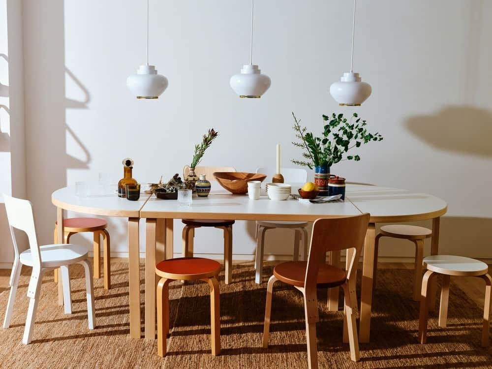 Artekのインスタグラム：「With the festive season upon us, it's wonderful to think of big tables full of delicious food. ⁠ ⁠ Come together by grouping some of your Artek favourites: Aalto tables, Aalto table half round, Stool 60, Stool E60, Chair 66, Pendant Light A333 “Turnip“.」