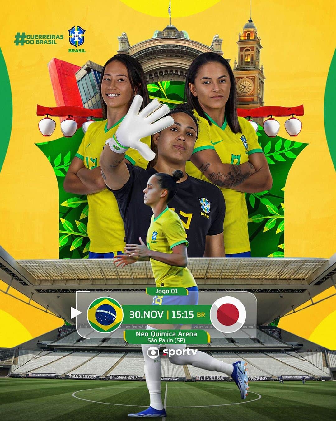 サッカー ブラジル代表チームのインスタグラム：「HOJE TEM SELEÇÃO FEMININA EM CAMPO!   É dia de Brasa! Prontas para o primeiro duelo contra o Japão em casa! VAAAAI, BRASIL! 🇧🇷  🇧🇷 x 🇯🇵 🗓️ 30/11 - 15h15 🏟️ Neo Química Arena - São Paulo (SP) 📺 @tvglobo e @sportv  🎟️ selecaofeminina.soudaliga.com.br (Link na bio)」