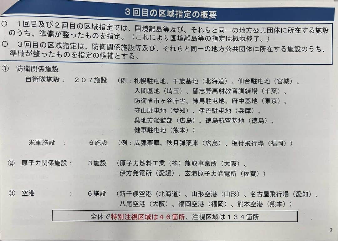 秋葉賢也さんのインスタグラム写真 - (秋葉賢也Instagram)「昨日、重要土地等調査法に基づく土地利用状況審議会が開催され、三回目の区域指定が了承されました。1、2回目で国境離島の指定が整い、今回は防衛関係施設を中心に実施され、宮城県からは前回の金華山に続いて、仙台駐屯地、霞目駐屯地、多賀城駐屯地が指定されました。全体で特別注視区域は46箇所、注視区域は134箇所になりました。」11月30日 12時18分 - kenyaakiba