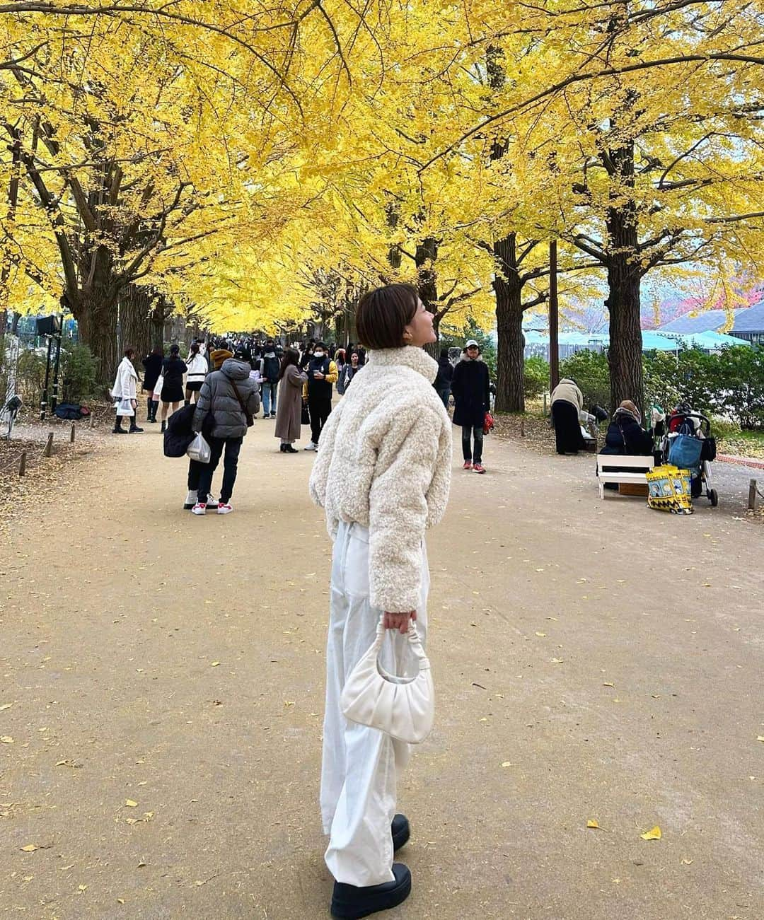 藤野結衣のインスタグラム：「ぎりぎり見れた紅葉🍁🌝  日本は四季が素晴らしいなと再確認🫰 最近じっくり神社、お寺とかも巡りたいなと思う⛩ . . . . #いちょう並木 #紅葉 #昭和記念公園 #秋コーデ」