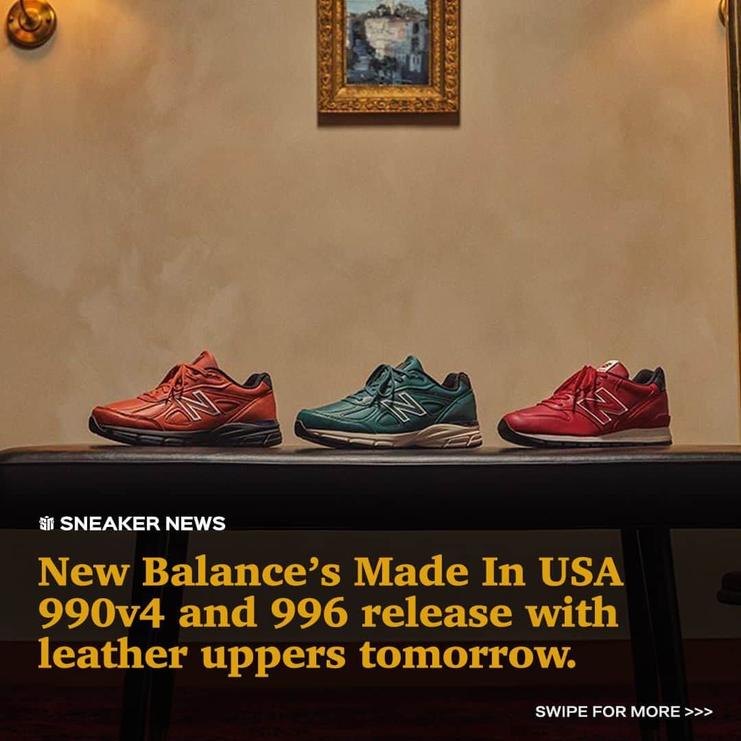 Sneaker Newsのインスタグラム：「Teddy Santis' latest work for the New Balance Made In USA program releases tomorrow, November 30th 🇺🇸⁠ ⁠ The latest drop outfits the NB 990v4 and 996 with full leather uppers and eye-catching colors. ⁠ ⁠ Tap the LINK IN BIO for a view of the whole collection.」