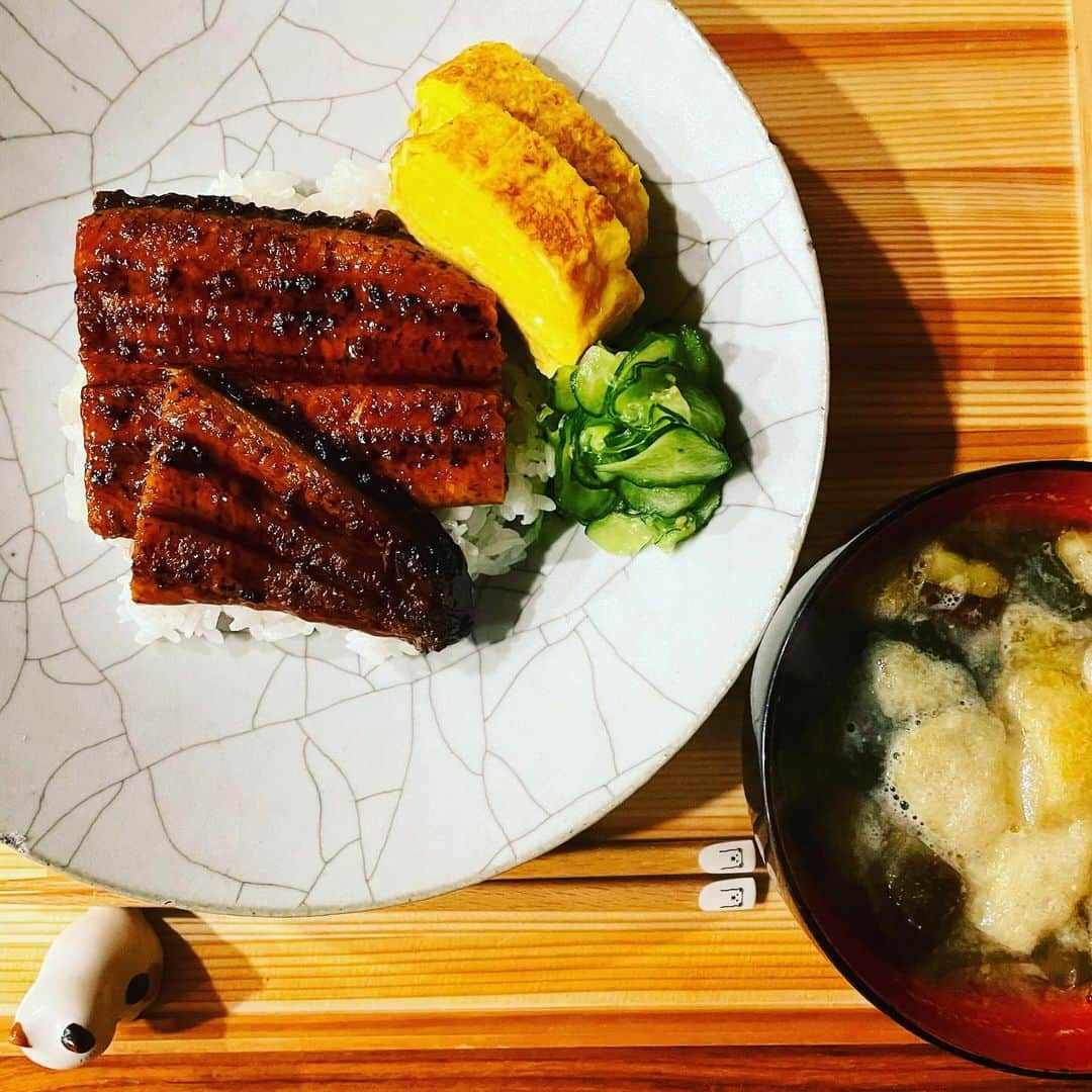 野波麻帆のインスタグラム：「. 今夜は頂いた　@unagi.sato で鰻丼。 だし巻き卵ときゅうりの酢漬けと一緒に。 子供達も美味しいっ！と完食。 鹿児島産の美味しい鰻。 冷凍庫にストックしておきたい...🤤 ご馳走様でした！」