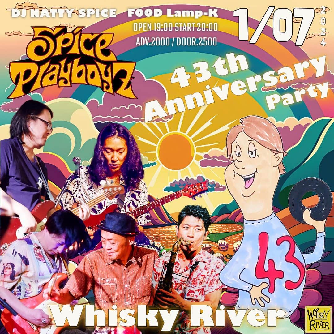 MONKYのインスタグラム：「1月7日は南林間の老舗ロックバー、Whisky Riverの43周年を祝っての、お祝いJam🚀🚀🚀🚀🚀 @whiskyriverjapan   越野竜太画伯が描いてくれたWhisky River店主、アキラくんと一緒に乾杯しまくりましょう🍻  １月７日（日） Spice PlayboyZ Live at 南林間 Whisky River  - 43th Anniversary Party  ●今年で４３周年を迎える南林間のRock Bar！Whisky River。  １９８１年から滔々と流れてきたWhisky Riverの歴史。  多くの人に愛されてきたWhisky Riverの４３周年を、Spice PyalboyZの熱いJam Musicでお祝いします！  DJ Natty SpiceのGood Musicと、大人気のカレー屋、Lanp-Kも出店します。 音楽とカレーの至福のコラボを楽しんでください♪  ●Whisky River（神奈川県大和市南林間2-3-8 カツタビル２F）  ●OPEN 19:00  LIVE START 20:00  ●ADV.¥2000 / DOOR.¥2500  ●『Spice PlayboyZ』 MONKY（Sax）@____monky____  越野竜太（Guitar）@cosino  小林洋太（Guitar)@420yota 湯浅崇（Bass）@pow_bass  龍大（Drum）  DJ: NATTY  SPICE  FOOD:  CURRY Lamp-K  ●お問い合わせ Whisky River TEL 046-274-4221 https://www.facebook.com/southlincoln.w.r/ messenger m.me/southlincoln.w.r  イベントページ https://ienaga2020.com/events/event/1-7-2/  ＿＿＿＿＿＿＿＿＿＿＿＿＿＿＿＿＿＿＿＿＿＿  『Spice PlayboyZ』Profile  2013年頃から厚木のパワースポットなカレー屋「Natty Spice』でのセッションから自然発生したパーティジャムバンド。 メンバーはリーダーでFreaky Machineや:L.E.Dのドラムの龍大、ベースにSardine Headから湯浅崇、ギターとボーカルにらぞく,digdaの越野竜太 、レゲエのエキスパート小林洋太 、JazzをベースにしたSwingin'なSAX奏者、MONKYの５人の個性が最高のケミストリーを巻き起こす。 インストのオリジナル曲を中心に、カバーも歌モノもChillもありな変幻自在でダイナミックなJamを展開。 湘南のパーティーシーンを沸かすアベンジャーズなジャムバンド『Spice PlayboyZ』」