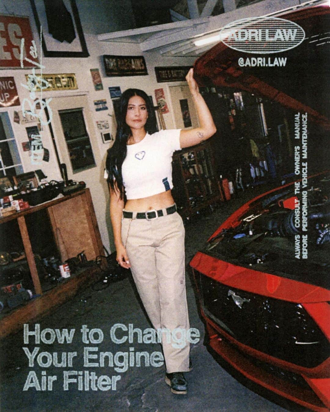Fordのインスタグラム：「How to change your engine air filter, demonstrated by @adri_law on a 2024 @fordmustang. Shop the T-shirt, made in partnership with @sydney_sweeney and @dickies, now.  Disclaimer: See your owner’s manual for detailed information. Some current models, trims, and features may not be available or may be subject to change. Limited supply of merchandise available.」