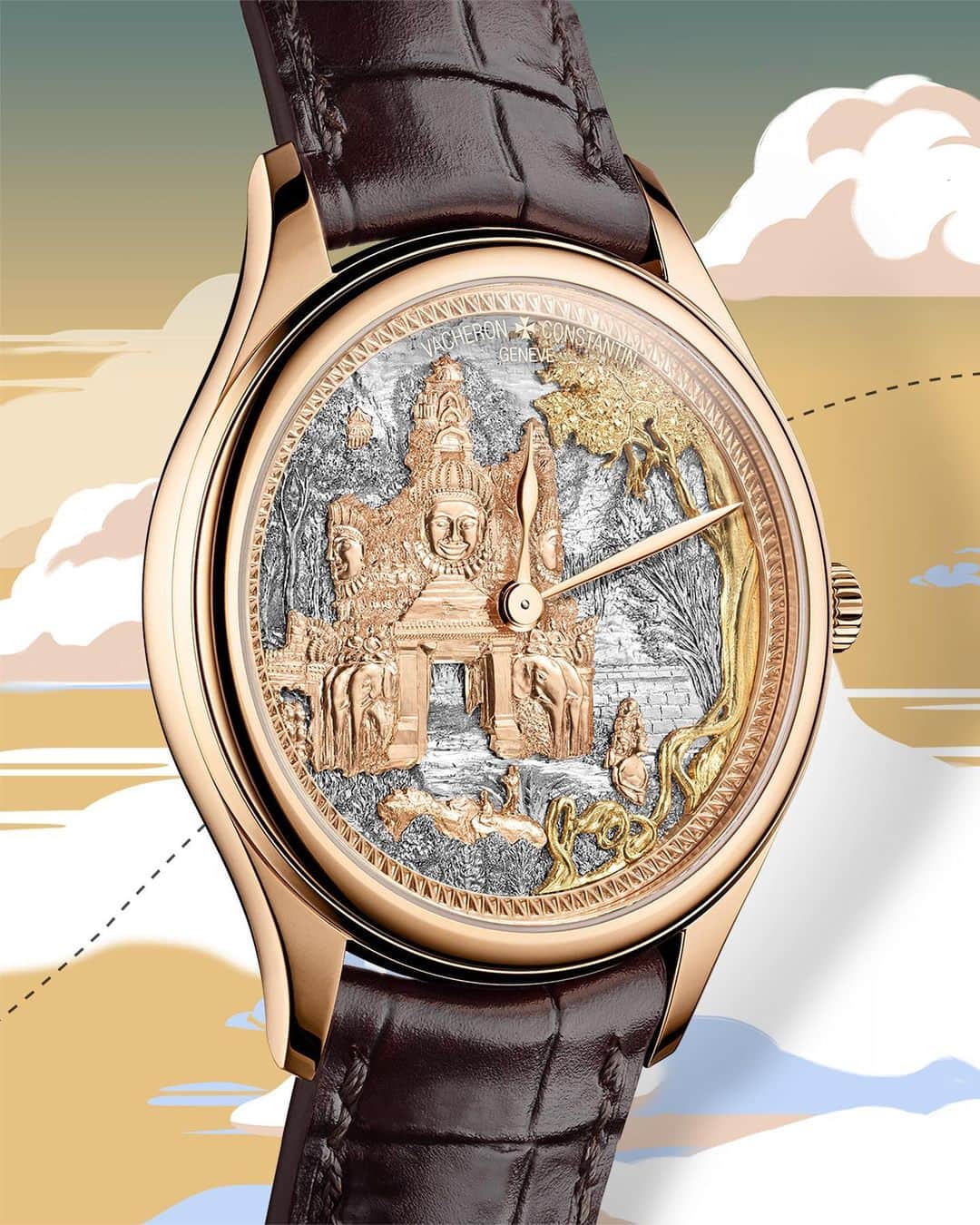ヴァシュロン コンスタンタンのインスタグラム：「From Geneva to Asia 🗺️  The dials of the new Les Cabinotiers – Memorable places single pieces are genuinely remarkable. Using an unprecedented engraving technique, each dial is assembled with six to nine ultra-thin yellow, pink and white gold plates, making these precious compositions strikingly realistic.  Based on 19th-century illustrations, each creation depicts a famous historical site symbolising the Maison's openness to the world, particularly to Asia.  🐲 (1) Entrance gate to Angkor Thom, the extensive archaeological site in Cambodia.  ⛩️ (2) Entrance gate to Confucius Temple and Imperial College Museum, the second largest temple in China.  🎋 (3) Old Summer Palace, also known as the "Garden of Perfect Clarity” in Beijing.  🇨🇭 (4) La Tour de l'Île, the Maison’s historical headquarters in Geneva.  Which one captures your imagination?  Join the odyssey of our Récits de Voyages at the link in bio.  #VacheronConstantin #OneOfNotMany #oneofakind #vacheron #thehourlounge #watches #watch #watchesofinstagram #horology #watchoftheday #instawatch」