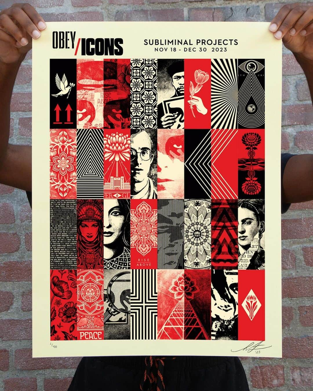 Shepard Faireyのインスタグラム：「NEW In-store print release: “OBEY/ICONS” available at @subliminalprojects this Saturday, 12/2 @ 12 PM PST!  The OBEY/ICONS print is the show print for my ICONS exhibition which is also a compilation of many significant icons from throughout my career. One of the principles of strong icons is that they will stand out even within a cluttered environment and read legibly when partially obscured. I enjoyed demonstrating those concepts with the individual elements within the composition of the print while aiming for a pleasing rhythm to the piece as a whole. This print was also partially inspired by the first print I ever designed for Subliminal back in 1995. –Shepard  PRINT DETAILS: OBEY/ICONS. 18 x 24. Screen print on thick cream Speckletone paper. Signed by Shepard Fairey. Numbered edition of 400. Comes with a Digital Certificate of Authenticity provided by Verisart. $55. Available on Saturday, December 2nd @ 12 PM PST at Subliminal Projects. Max order: 1 per customer/household. ALL SALES FINAL.」