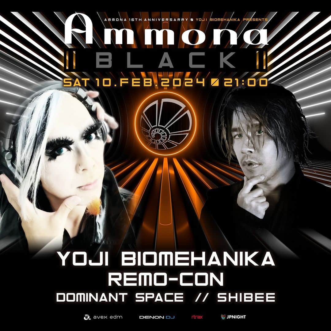 YOJI BIOMEHANIKAのインスタグラム：「来年2月、大阪の @club_ammona の16周年を祝して俺プレゼンツのソリッドなパーティー「Ammona BLACK」を開催するぜ！出演は俺、とバディの @remo.con、トランス界でメキ²と頭角を現している @dominantspacejp, 10月の"テックダンスの日"を舞台に待望の復活を果たした @shibee_jp、 開催は2/10(土)の21:00~01:00  Next February, to celebrate the 16th anniversary of @club_ammona in Osaka Japan, I am hosting a special party "Ammona BLACK".Featuring me, my buddy @remo.con , @dominantspacejp , who has been emerging in the trance spectrum, and @shibee_jp , who made a long-awaited comeback on "Tech Dance Day". The event will take place on Saturday 10 February, 21:00~01:00.」