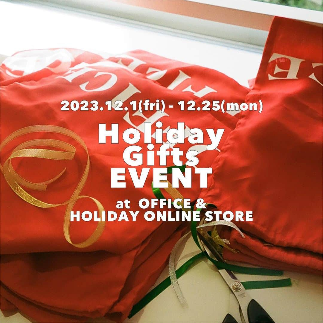 ホリデイのインスタグラム：「【Holiday Gifts EVENT at OFFICE & HOLIDAY ONLINE STORE】 ⁡ 12月1日(金)〜12月25日(月)の期間、HOLIDAYフラッグシップサロン @office_holiday とHOLIDAY ONLINE STOREにてギフトアイテムをセレクションした"Holiday Gifts EVENT"を開催致します。  イベント期間中、店頭では数量限定のOFFICEオリジナル巾着パッケージをご用意しております。(ONLINE STOREでのお取り扱いはございません)  ぜひこの機会に皆様のご来店を心よりお待ちしております。 ⁡⁡ 【OFFICE】 12月1日(金)〜12月25日(月)  OPEN 12:00-18:00  東京都渋谷区東3-6-18 プライムハウス102 TEL 03-6805-1273 ※102をインターホンでお呼び出し下さい ※ご予約不要です ※定休日は @office_holiday をご確認下さい  【HOLIDAY ONLINE STORE】 12月1日(金)12:00〜12月25日(月)18:00 ⁡ #HOLIDAY_PR #OFFICE_HOLIDAY #HOLIDAYonlinestore」