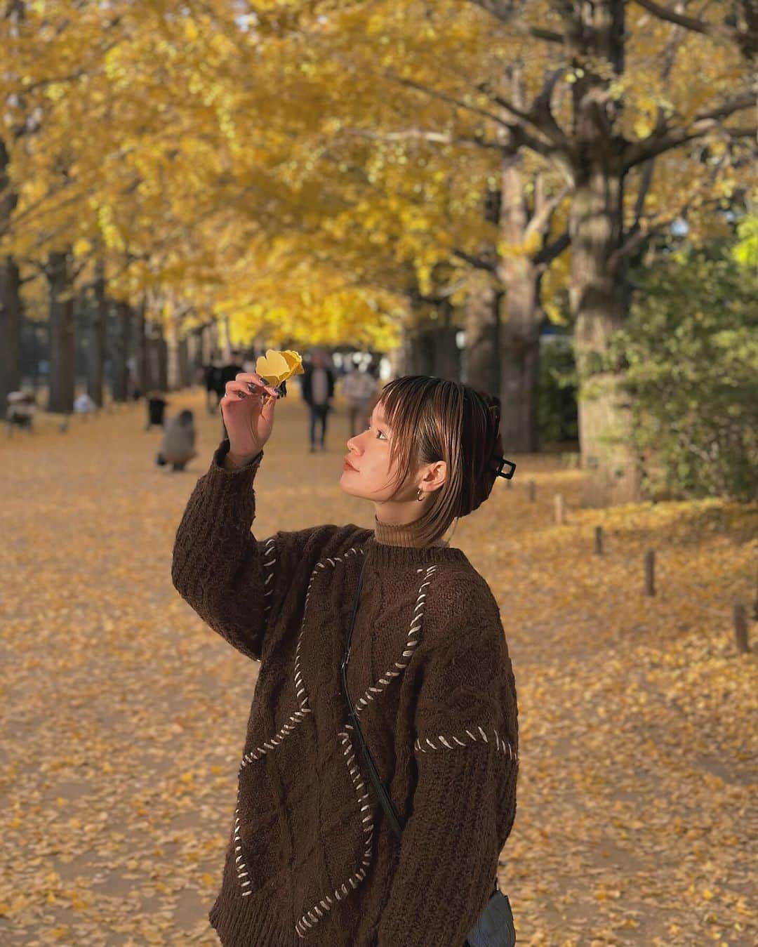 fumikaのインスタグラム：「⁡ 今年の秋はもう終わったと思ってたけど ぎりぎり間に合ったみたい✨ ⁡ こんなに素晴らしい イチョウ並木見たの人生初!! ⁡ あと私は葉を舞あげるのがとても下手だ ということを知りました!! ⁡ 色とりどりの紅葉を楽しみながら 3時のおやつに 巨峰のミックスアイスとホットコーヒー🍦 ⁡ #11月も今日で最後 #あっという間だね #至福 #秋 #紅葉 #日本の四季  ⁡」
