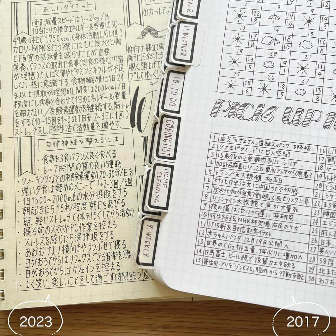 88necocoのインスタグラム：「基本的な文字は変わってないんだけど、書き方が変わったなぁと2017年のバレットジャーナルを見返して思いました🐈  #rollbahn #zequenz #bulletjournal」