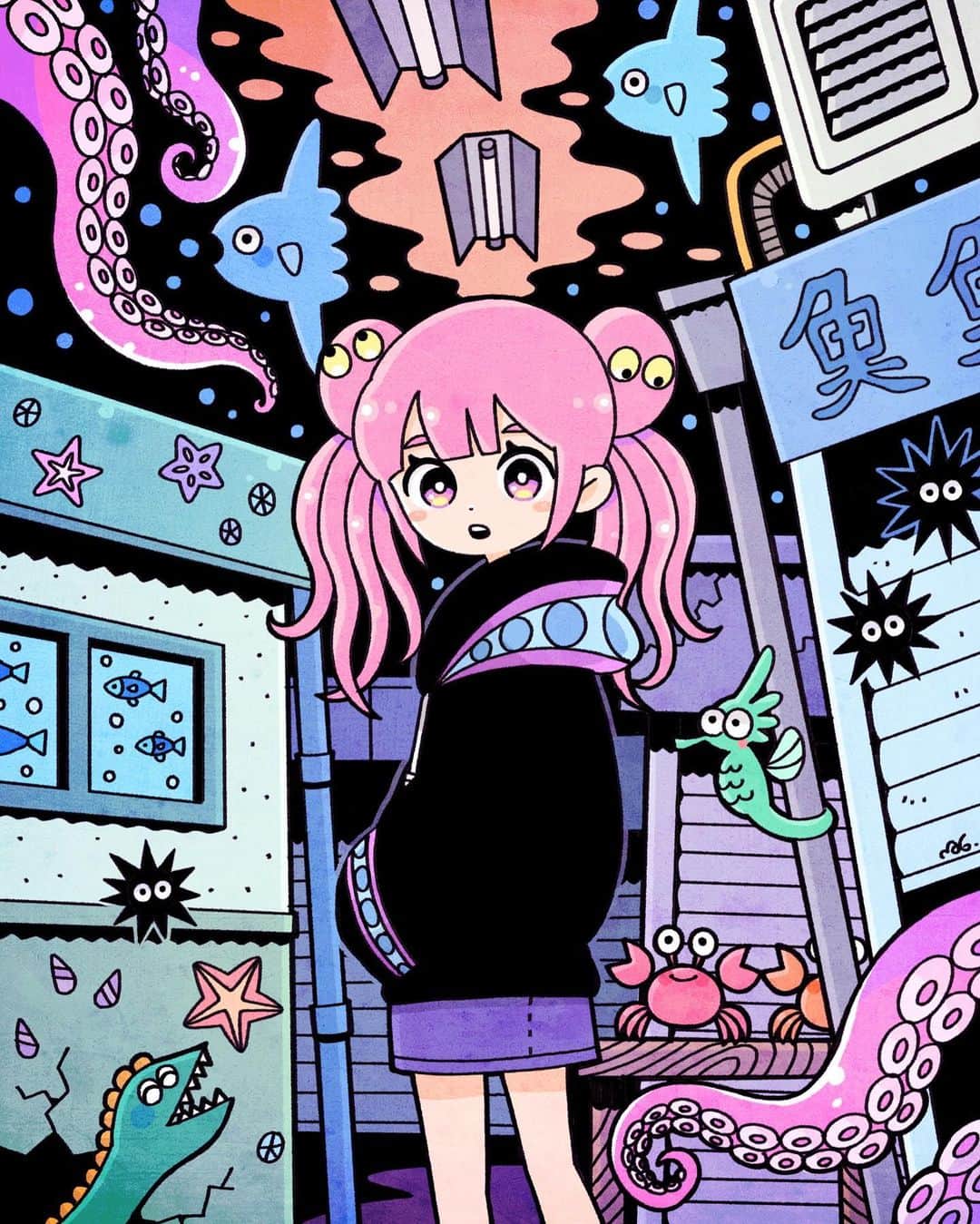 北極まぐのインスタグラム：「ぷくぷく商店街／Pukupuku Shopping Street🐟🐙  #illustration #artwork」