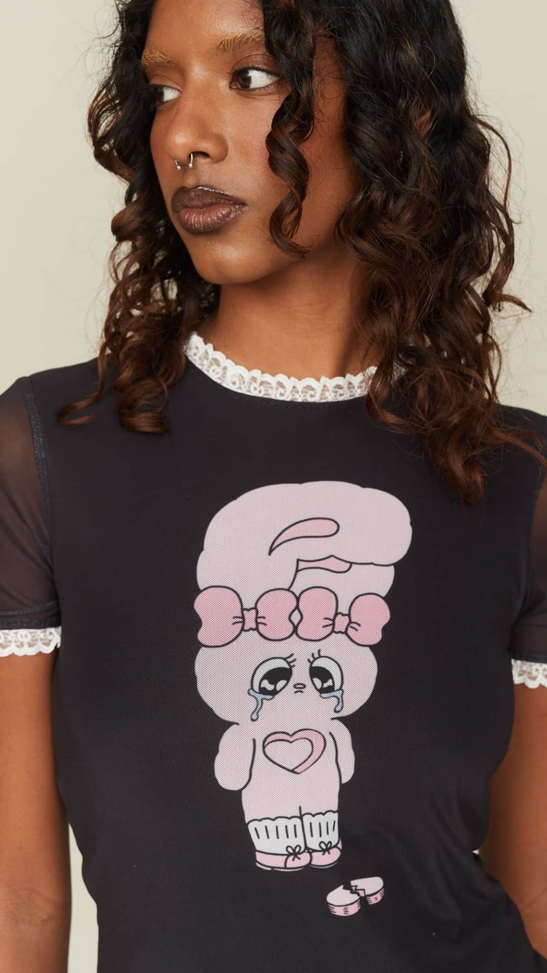レイジー・オーフのインスタグラム：「JUST DROPPED: LAZY OAF X ESTHER BUNNY 👀🎀🐰 You know her, you bloody love her…Esther Bunny is back!   Our 4th collaboration with longtime Oaf pal Esther Kim (@estherbunny.original), is here. Inspired by the melancholy of loneliness, this limited 7-piece drop is filled with signature and bespoke Esther Bunny graphics over outerwear to accessories 🩷  Shop now on our app, online and in our Carnaby store 🛍️」