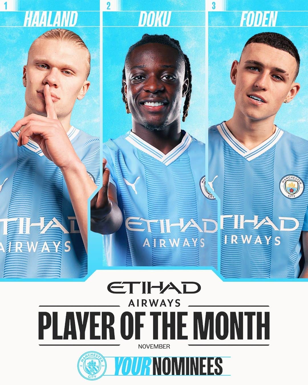マンチェスター・シティFCのインスタグラム：「It's time to vote for your @etihad Player of the Month! 🤩  🧘‍♂️ @erling.haaland  ⚡️ @jeremydoku  💫 @philfoden   🔗 in bio to have your say 👆」