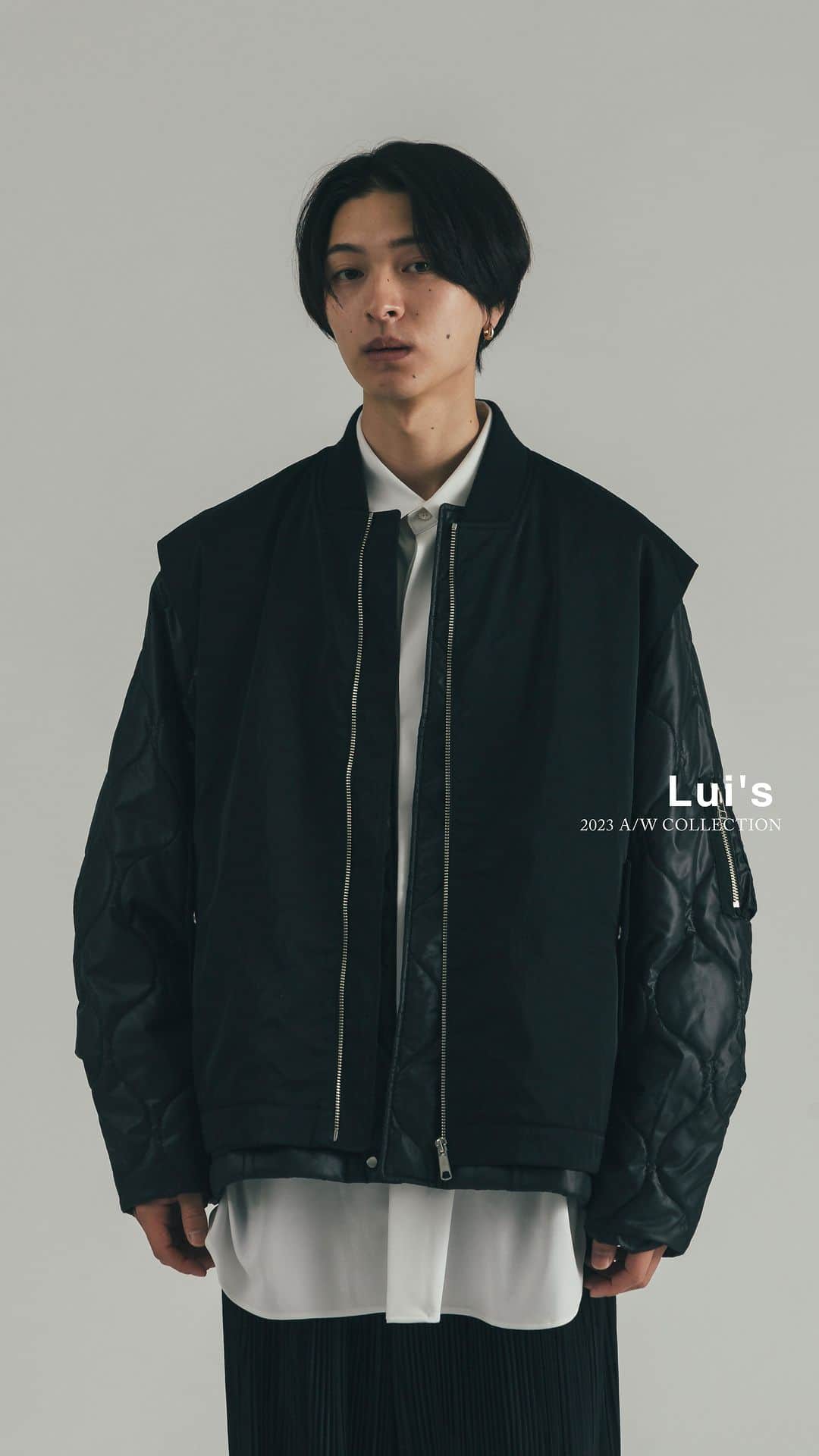 Lui's Lui's official instagramのインスタグラム：「recommend item  □ 3WAY layered MA-1 / ¥42,900  【デザイン】 ユニークなデザインのレイヤードMA-1。  MA-1は表面がキルティングになっている珍しいデザインのタイプ。衿はノーカラーになっております。 上はベストになっており、取り外し可能。 ユニークなデザインと、ミリタリーデザインがMIXした新しいテイストのブルゾンです。」