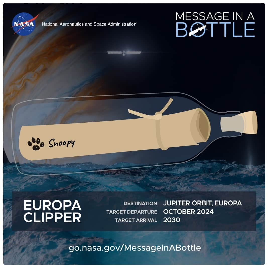 スヌーピーのインスタグラム：「We're sending Snoopy's name to Jupiter’s icy moon Europa on board @NASA’s Europa Clipper spacecraft and so can you! Submit your name to be etched on a microchip, along with Snoopy and hundreds of thousands of others. Join the journey before Dec. 31 at the link in bio!」