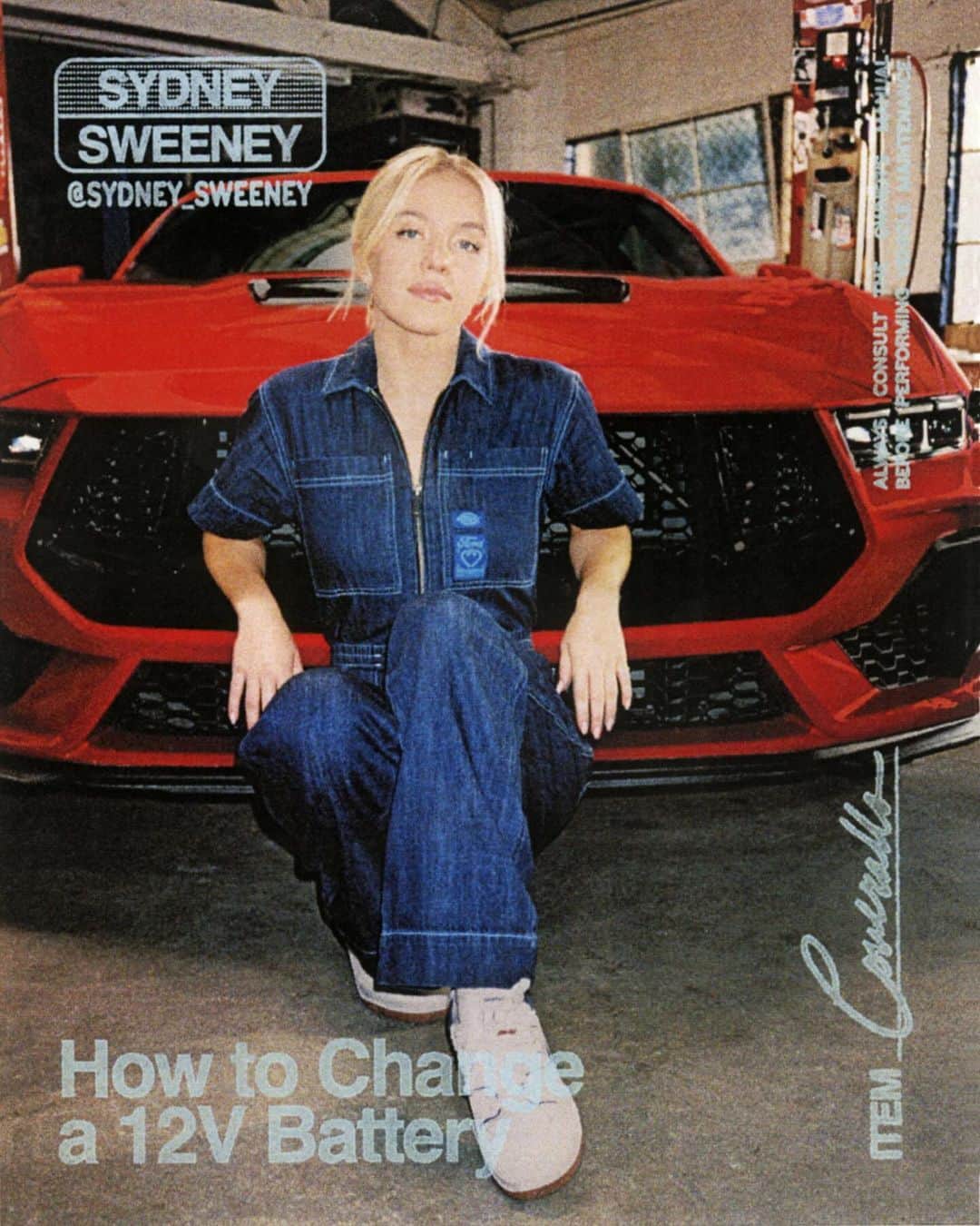 Fordのインスタグラム：「How to change a 12V battery, demonstrated by @sydney_sweeney on a 2024 @fordmustang. Shop the coveralls, made in partnership with @dickies, now.  Disclaimer: See your owner’s manual for detailed information. Some current models, trims, and features may not be available or may be subject to change. Limited supply of merchandise available.」