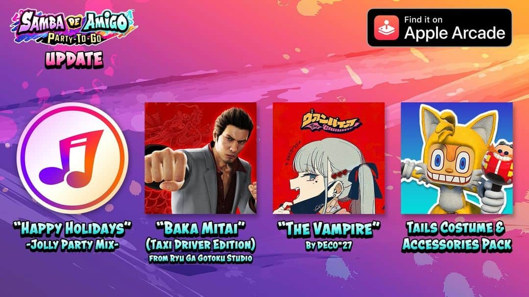 SEGAのインスタグラム：「Samba de Amigo: Party-To-Go on Apple Arcade pumps up the festivities with new content available today!  🎙 3 new tracks: "The Vampire" by DECO*27, "Baka Mitai (Taxi Driver Edition)" from Ryu Ga Gotoku Studio, "Happy Holidays - Jolly Party Mix-" 🦊 Tails Costume & Accessories Pack」