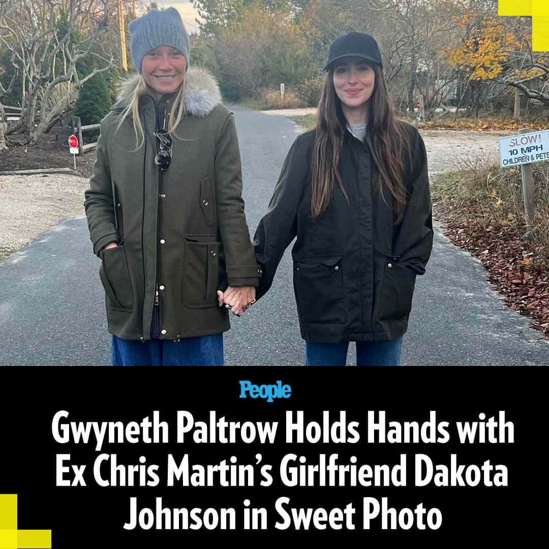People Magazineのインスタグラム：「Gwyneth Paltrow and Dakota Johnson are good pals. 🌟  On Wednesday, the actress and Goop founder took part in an Instagram Story Q&A, allowing her followers to ask her any questions. One person wrote, “Photo with Dakota,” referring to her ex-husband Chris Martin’s girlfriend.   Paltrow then shared a snap of her and Johnson holding hands while standing outdoors.   Read the full story in our bio link. | 📷: Gwyneth Paltrow/Instagram」