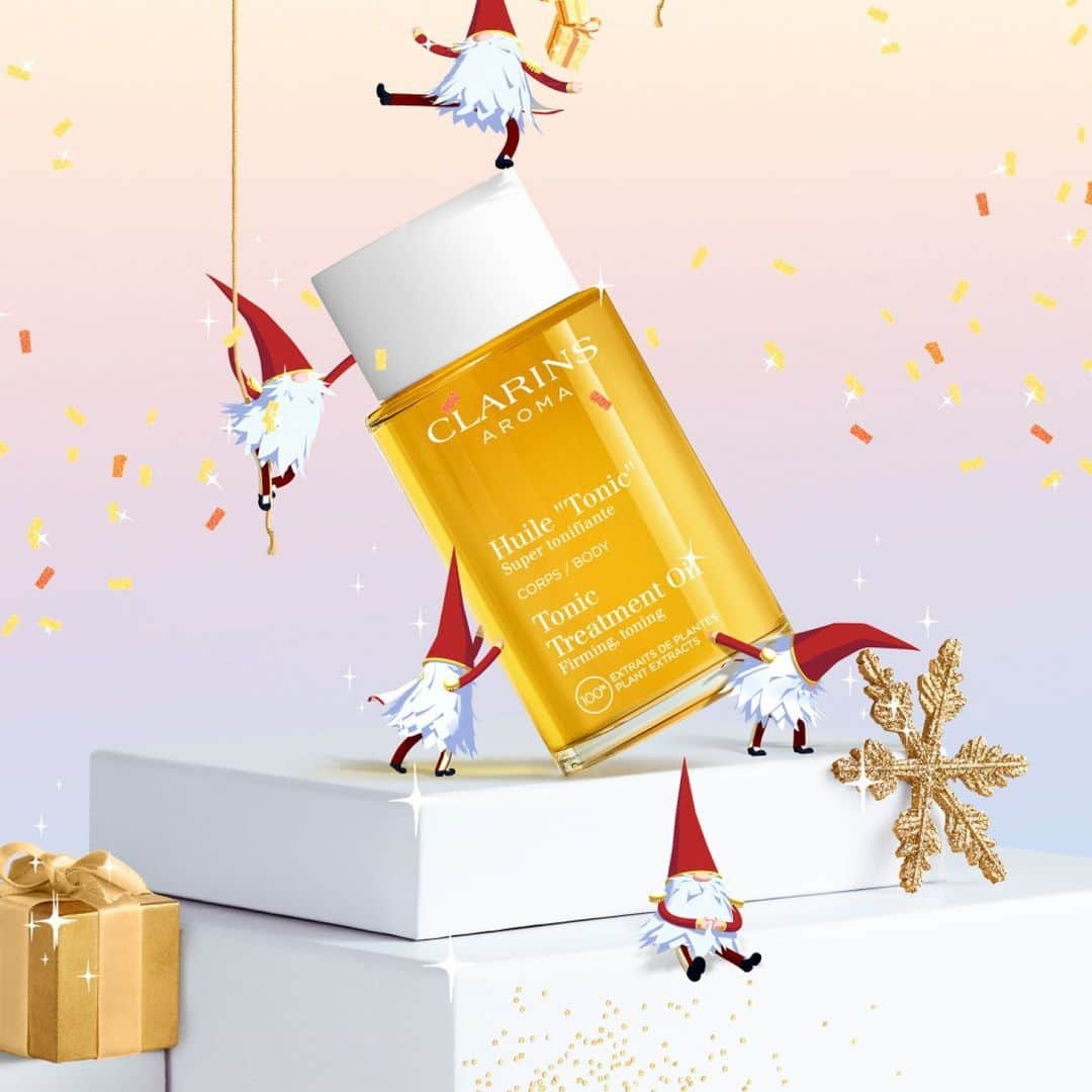 Clarins Franceのインスタグラム：「Dans la série des iconiques Clarins… Voici l’Huile Tonic ⚡️⁣ ⁣ Un soin pour le corps, inspiré de notre expertise en institut, à appliquer 2 à 3 fois par semaine pour aider à raffermir, tonifier et améliorer l'élasticité de votre peau 😌⁣ ⁣ Un cadeau parfait pour gâter votre maman, copine, soeur…  pour Noël 🎄⁣ ⁣ #Clarins #Noel2023 #Noel⁣ ⁣」