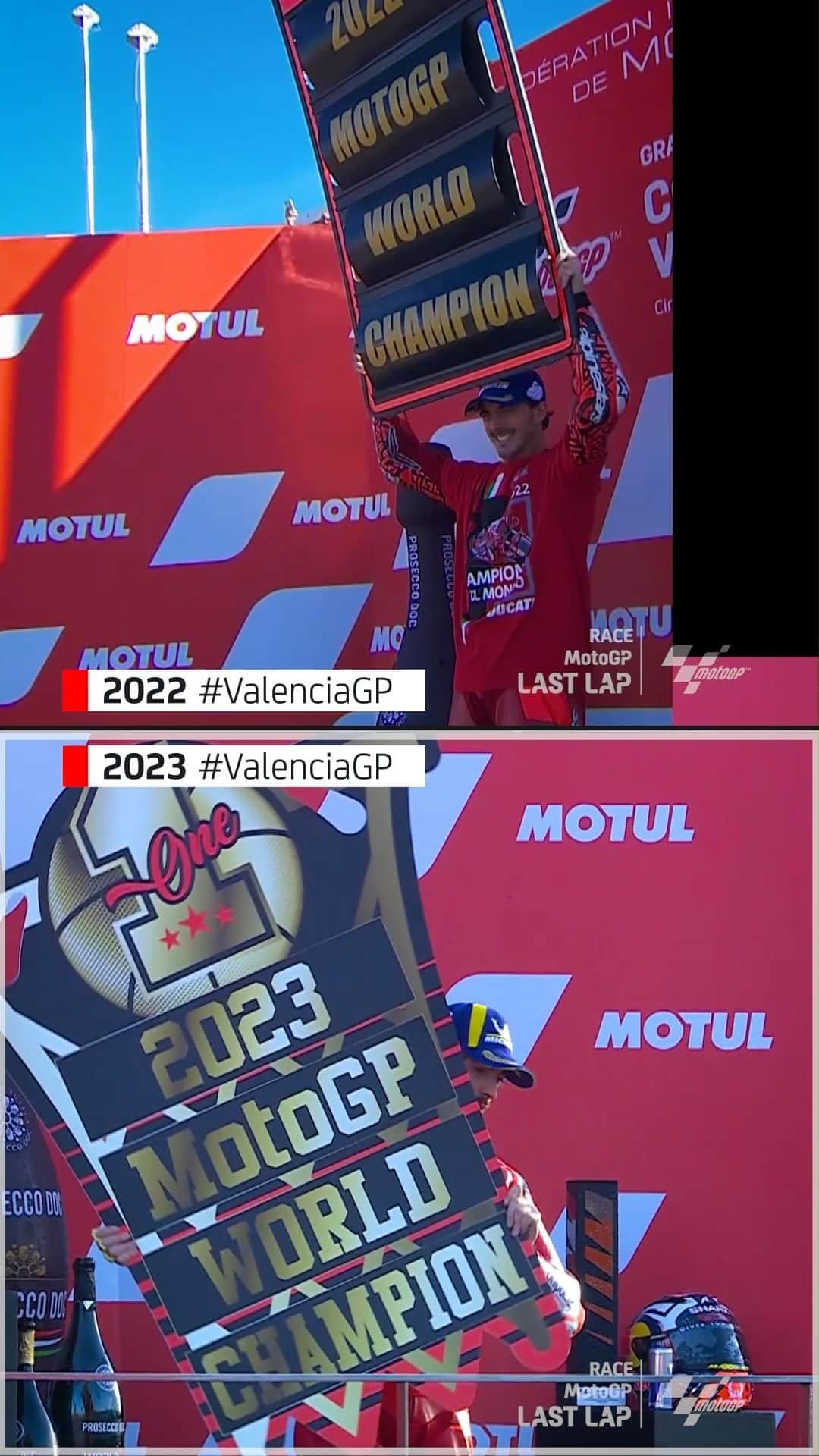 MotoGPのインスタグラム：「From the #PerfectComb1nation to #BACK2BACKgnaia! 🏆🏆 It was back-to-back title glory and celebrations for @pecco63 and @ducaticorse at the #ValenciaGP! Watch them both at the same time 🥳👀  #MotoGP #PeccoBagnaia #FB1」