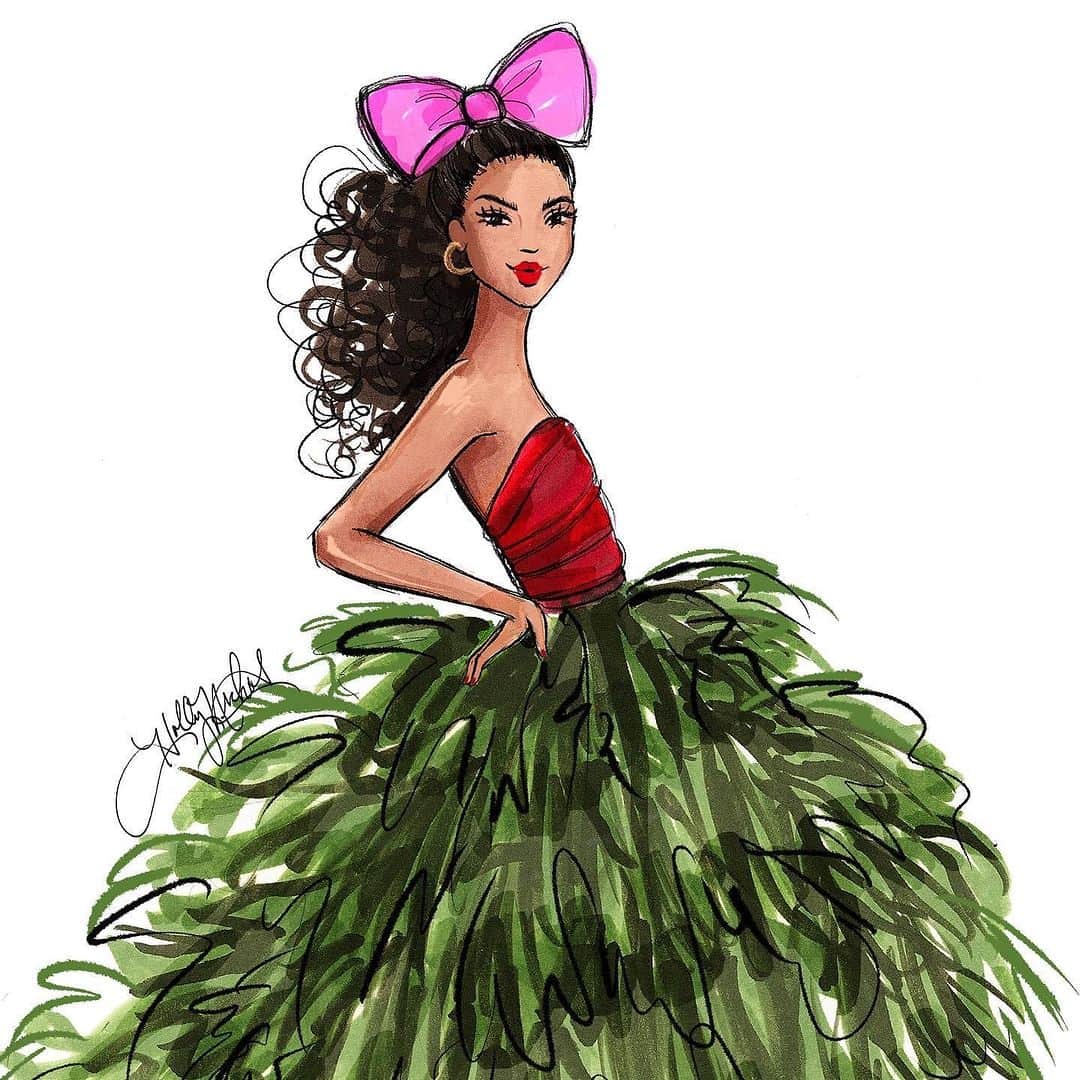 Holly Nicholsのインスタグラム：「Be the tree. 😂💕🎄 #christmas #fashionillustration #christmastree #fashionsketch #holidayillustration #illustration #copic #copicmarkers」