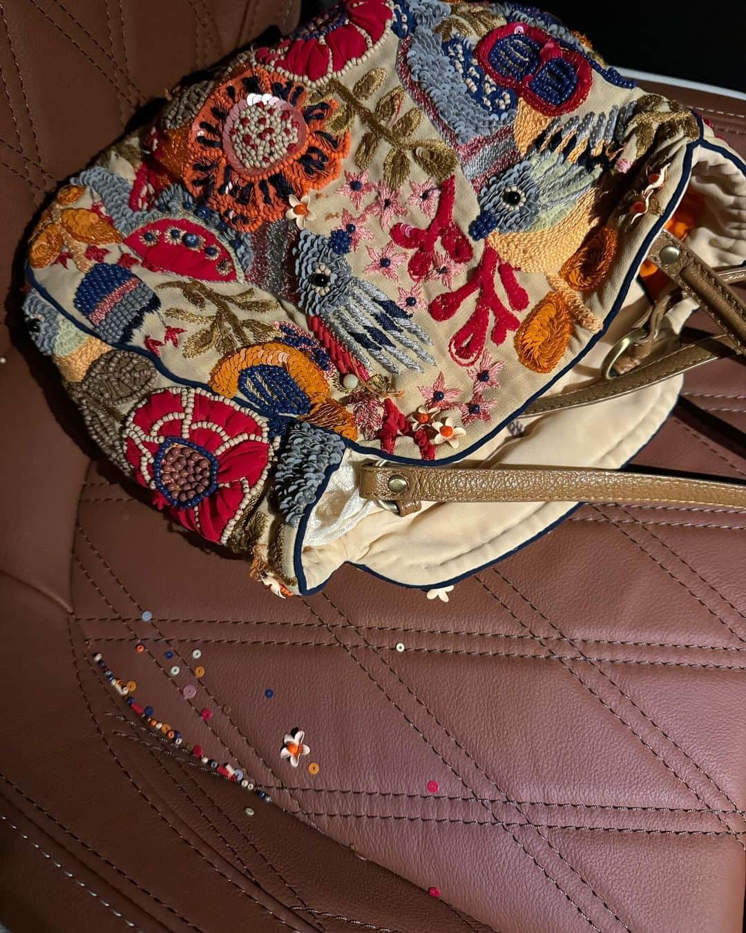 森山良子のインスタグラム：「車を降りようとしたら助手席に置いたBAGからポロポロと取れるものが、。アレ❓もう、かれこれ2、3Ｏ年..前に購入したバッグのビーズが、、、それは取れるわね、何十年も働いてくれたら。 あー又チクチクするものがあって良かった。と思ったが素人チクチクの私にはあまりにも細かい仕事で諦めた。まじまじ久々によ〜くみたら、やっぱりプロの仕事はすごいわー。と感動💕  久々に私ちゃんがワン付きで夕飯どきに来てくれた。あら嬉しいわ。久しぶりね、会いたかったわ❗️すぐ隣にいてもお互いスケジュールがいっぱい。りんご🍎を食べて日本茶飲んで、ホットチョコレート飲んでＫポップ見て、、お隣のアンダースタンはいつもソファのあの位置からあの体勢でこちらを見つめて居る。 先日頂いたお花を二つにしたり、冷蔵庫でまたもや紅葉して居るブロッコリーやインゲンやetcをスープにしたり炒めたり、３日前に買ってあったラザニアは追いチーズで私ちゃんのお腹に。 おしゃべりして居たらオワコンと言う言葉が、、何？どう言う意味？と聞いたらちょっとコンテンツとして終わって居る感じ。の事だそうだ？ きゃっ、こわーっ‼️すご〜い怖😅💪恐怖の一瞬、オワコン、、、メチャ反応してる私。🥹😅🥲」