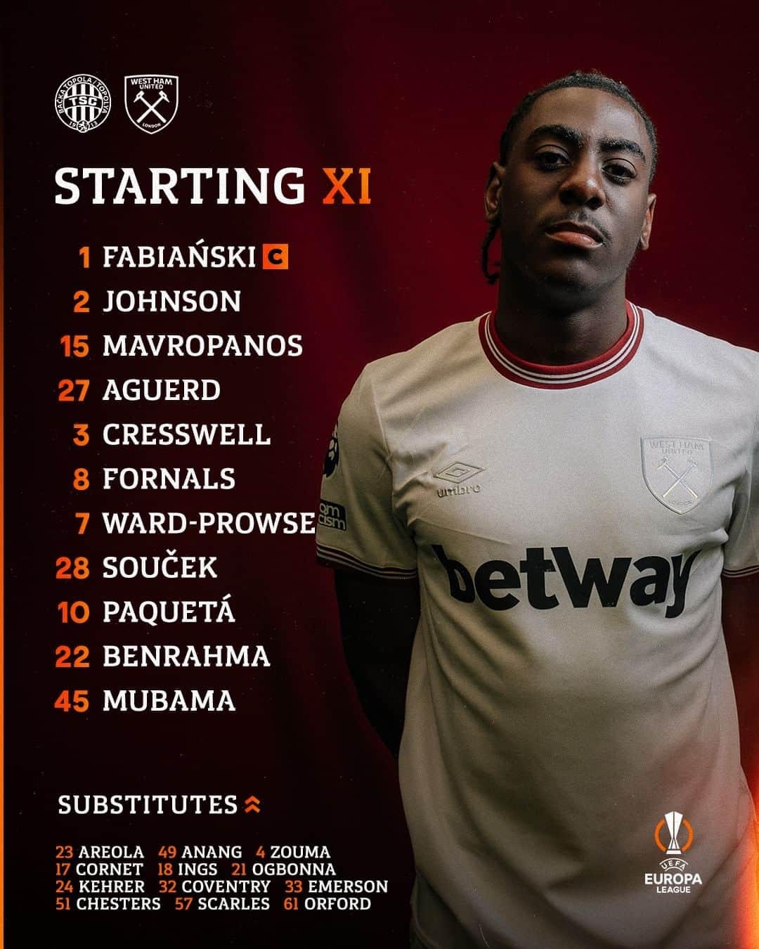 ウェストハム・ユナイテッドFCさんのインスタグラム写真 - (ウェストハム・ユナイテッドFCInstagram)「Mubama leads the line in our starting XI ⚒️」12月1日 1時37分 - westham