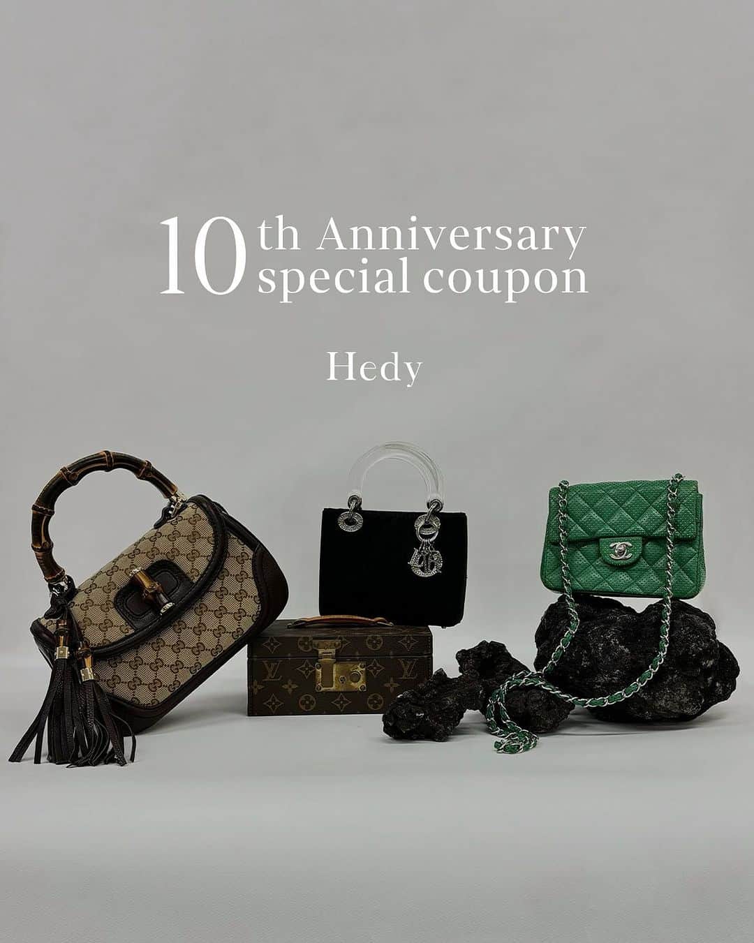 Ｈedyのインスタグラム：「. 【Hedy 10th Anniversary Coupon】  日頃より、Hedyをご愛顧いただき誠にありがとうございます。 おかげさまでHedyは10周年を迎えることができました。 日頃の感謝を込めまして会員ランク別のクーポンをプレゼントいたします。  また、Hedy10周年を記念して各店舗で珍しいアイテムもご用意しております。 是非、店頭にてご覧下さい。  ［クーポン有効期限］ オンライン：2023/12/31(日) 各店舗：2023/12/29(金)  #hedy #hedy_japan #hedy_vintage #vintageshop」