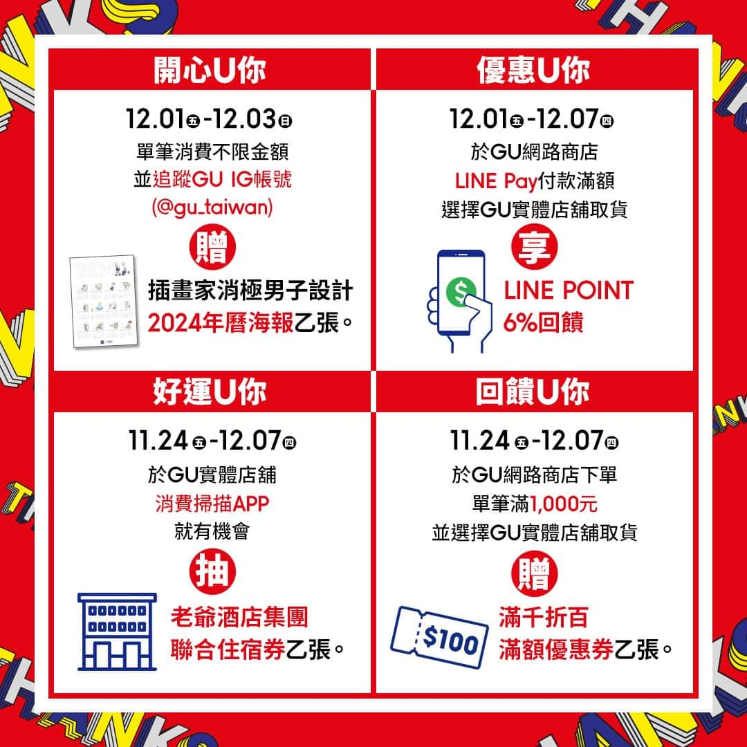 GU TAIWANさんのインスタグラム写真 - (GU TAIWANInstagram)「感謝祭即將進入最後倒數 ⏰ 不過第二彈12.01-12.07 還是有滿滿好康與優惠等著你 #文末送好禮  年末購衣看這邊！ 最超值的商品穿搭提案就在GU🛍 眾多單品NT$150起，還有多項優惠一次送給你 📝貼心的小編直接幫你筆記感謝祭第二彈的三大重點  ✏重點一　限定感謝好禮 暖心回饋！ 😄開心U你-消費贈插畫家合作年曆海報 12.01-12.03 單筆消費不限金額，贈插畫家消極男子設計2024年曆海報乙張。 (實體店舖消費還須出示追蹤GU IG帳號畫面) 👑好運U你-消費時掃描APP抽住宿券 11.24-12.07 消費結帳掃描GU APP，就有機會抽中老爺酒店集團聯合住宿券乙張。 🛍️回饋U你-店取滿千送百元優惠券 11.24-12.07 於GU網路商店下單，單筆滿1,000元並選擇GU實體店鋪取貨，贈滿千折百滿額優惠券乙張。 💰優惠U你-店舖取貨享LINE POINTS回饋優惠  12.01-12.07 於網路商店LINE Pay付款滿額，選擇店舖取貨，同享LINE POINTS 6%回饋。  ✏重點二　冬季時尚單品優惠中！ #女裝重磅半拉鍊休閒上衣 原價NT$790 期間限定 NT$690 #男裝休閒上衣 原價NT$590 期間限定 NT$390 限折200元  ✏重點三　溫暖過冬 現在入手最划算！ 男女裝STYLE-HEAT Extra指定款，任選兩件折百元  【活動時間】2023/12/01 11:00-2023/12/03 23:59 【活動辦法】 ❶ 追蹤 @gu_taiwan 官方IG ❷ Tag 一位朋友，留言「快跟我一起去GU購物吧!」 留言不限次數，多留言增加得獎機會唷😉 ❸ 按讚&分享貼文至個人限動24小時 （※兌獎時須截圖「限時動態典藏」畫面） 【活動獎項】 GU & @mainasu_com  2024年曆海報1張，共抽出3位幸運兒 【得獎公告】 2023/12/8前於留言處公布  注意事項： ※每帳號留言次數不限，但必須標註不同IG好友，方符合抽獎資格。 ※GU Taiwan主辦單位保有最終修改、變更、活動解釋及取消本活動之權利。 ※各店鋪商品顏色尺寸庫存數量以店鋪實際狀況為準，商品販賣對象店鋪亦有調整之可能，詳細販售及庫存狀況請與鄰近店鋪洽詢。 – 📷 立即追蹤 @gu_taiwan晉升潮流達人🚀 – #GU #GUTaiwan #YOURFREEDOM #讓時尚更自由 #感謝祭 #GU感謝祭 #感謝U你陪伴過冬」12月1日 12時00分 - gu_taiwan