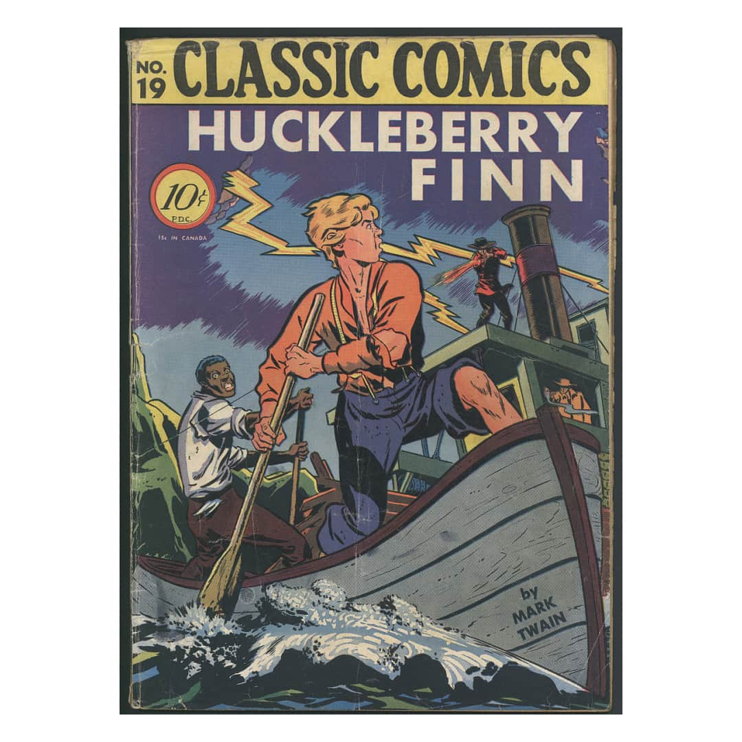 国立アメリカ歴史博物館のインスタグラム：「Today in 1835, author Mark Twain was born.   This issue of Classic Comics, published in 1945, contained an adaptation of Mark Twain’s novel “Adventures of Huckleberry Finn.” Evelyn Goodman wrote the novel’s adaptation and Louis Zansky designed the cover. The cover depicts Huck Finn and Jim escaping from a steamboat rafting down the Mississippi River.  Classic Comics was a series of comic book adaptations published from 1941 until 1971 designed to expose young people to classic literature.  #AmericanHistory #HuckleberryFinn #MarkTwain」