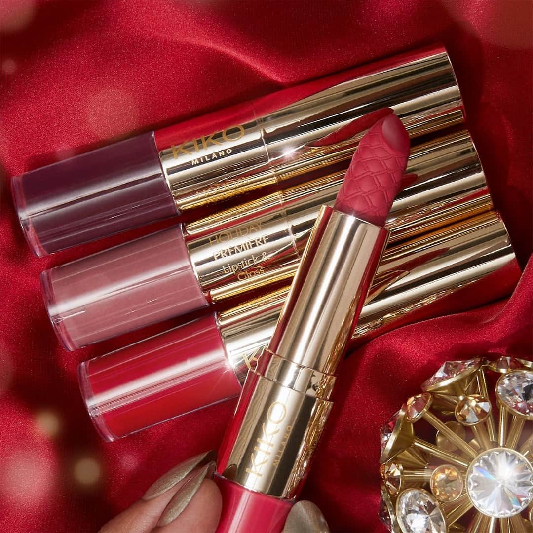 KIKO MILANOのインスタグラム：「✨ Meet your holiday ally: #KIKOHolidayPremiere Lipstick & Gloss! 😍 Ready to rescue your glam between family feasts or for that spontaneous makeover. Which shade has captured your attention?💄 ⁣ ⁣ Lipstick & Gloss 03, 04, 05, 06 -  Metallic Nail Lacquer 02⁣」