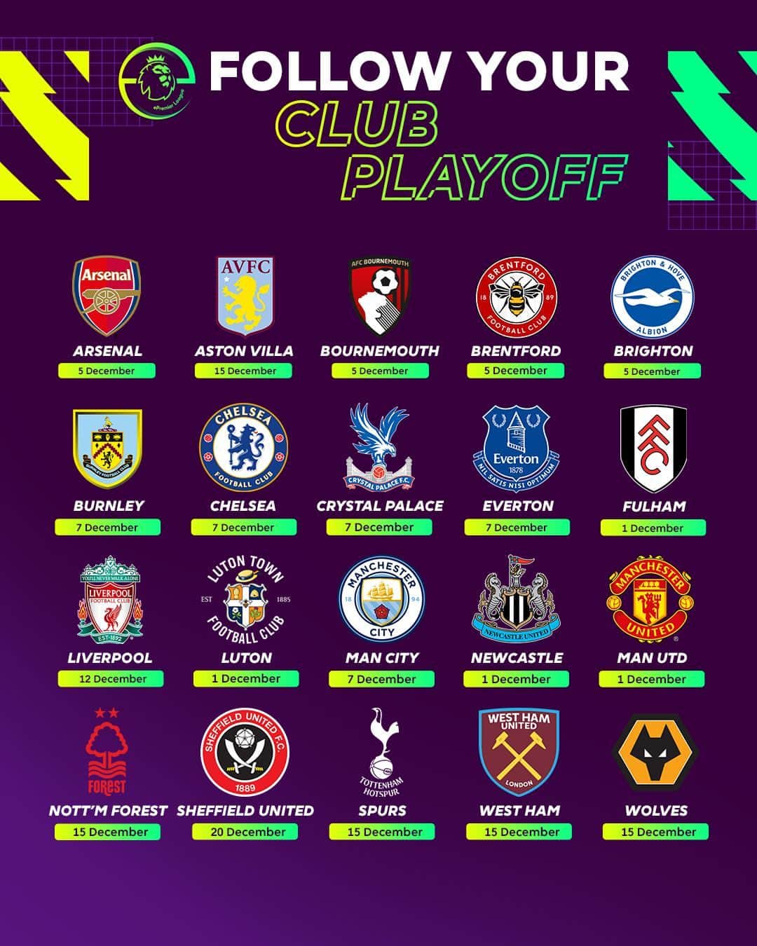 プレミアリーグのインスタグラム：「Club Playoff dates confirmed for all 20 #ePremierLeague clubs 😍」