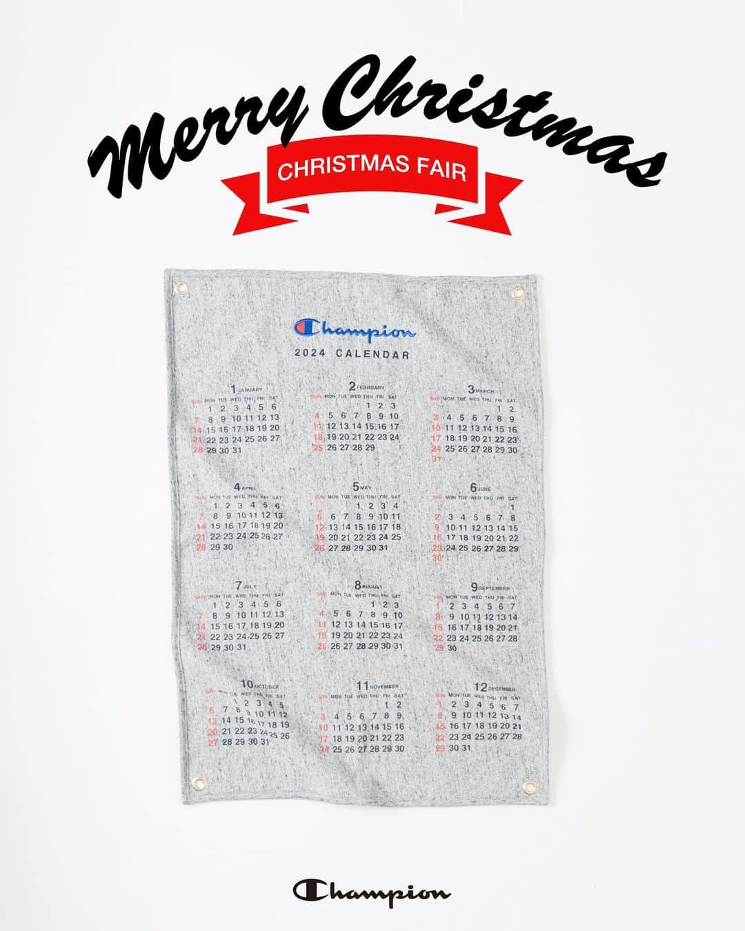 Champion Japanのインスタグラム：「【CHRISTMAS FAIR】 2023/12/2(Sat)RELEASE. いつもチャンピオンをご愛顧いただきありがとうございます。  12/2(土)~25(月)の期間、クリスマスフェアを開催いたします。 ¥16,500 (税込)以上お買い上げのお客様に「チャンピオン オリジナルスウェットカレンダー」をプレゼントいたします。 「三者混」と呼ばれるコットン、レーヨン、ポリエステルの混紡糸を使用した2024年度版カレンダーです。皆様のご来店をスタッフ一同心よりお待ち申し上げます。  ※プレゼントがなくなり次第終了とさせていただきます。」