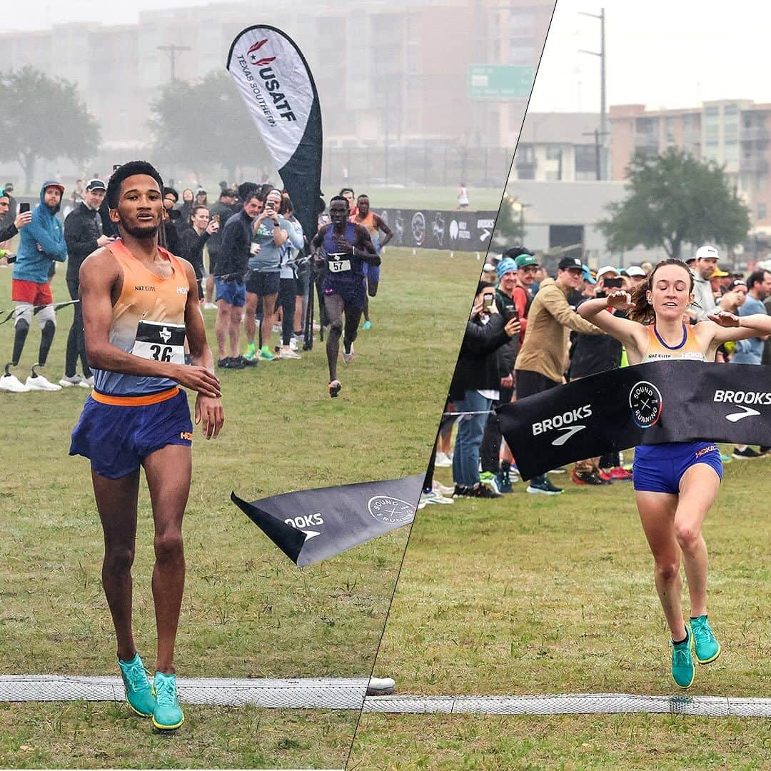 ホカオネオネのインスタグラム：「On a misty Austin morning, @naz_elite came out in force at the @SoundRunning Cross Champs. Katie Wasserman won the women’s race, Adriaan Wildshutt the men’s, and @naz_elite swept both team titles in the process.   Photos: @kevmofoto   #xc #crosscountry #hoka #nazelite #soundrunning」