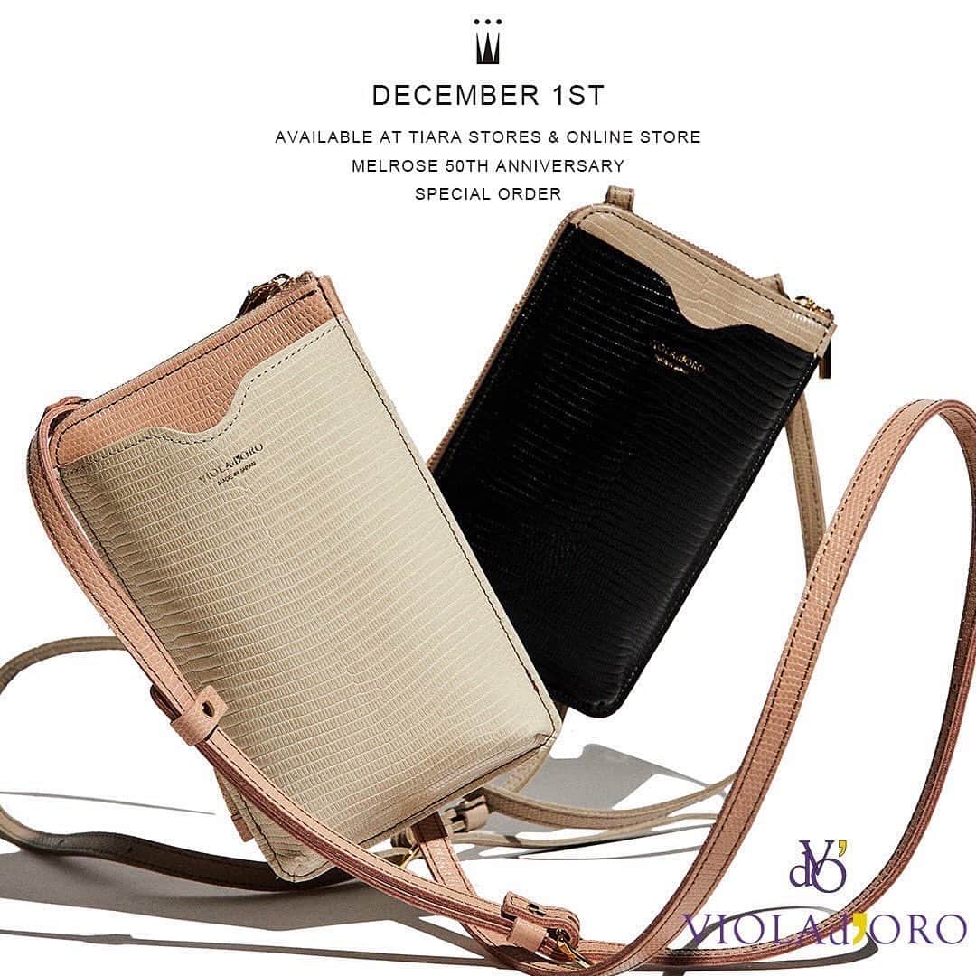 TIARAのインスタグラム：「MELROSE 50th EXCLUSIVE ITEM メルローズだけの特別なホリデーギフトセレクション。 大切なあの人に、自分へのご褒美に•••  TIARA×VIOLAd'ORO limited item  MELROSE 50THを記念して TIARAでは長年お付き合いのある、VIOLAd'OROとの 別注スマホポシェットを作成いたしました。 素材をシュリンクからリザード型押しに変更し軽くてキズがつきにくく、 カラーもTIARAらしいバイカラーの2色展開で、 スタイリングのポイントにもなるアイテムです。 数量限定となっておりますので、 是非お近くのTIARAでご覧くださいませ。  42PWL076 ¥16.500taxin ①pink beige ②taupe made in Japan  素材：Italian leather サイズ：11.5×18.5 展開店舗：TIARA全店 　　　　　オンラインストア  ◇VIOLAdʼORO◇  VIOLAdʼOROには、持つごとに愛着が湧き大切に扱われる、 そして自分のスタイルを完成させるのに欠かす事ができない、 そんな存在であって欲しいという願いが込められています。 可愛らしさを残しつつも、 凛とした強さ、自分のスタイルを持っている女性を想い描きながら VIOLAd'OROらしさを日々追求しています。 上質な素材でトラディショナルな中にも旬のエッセンスを織り交ぜたデザイン。」