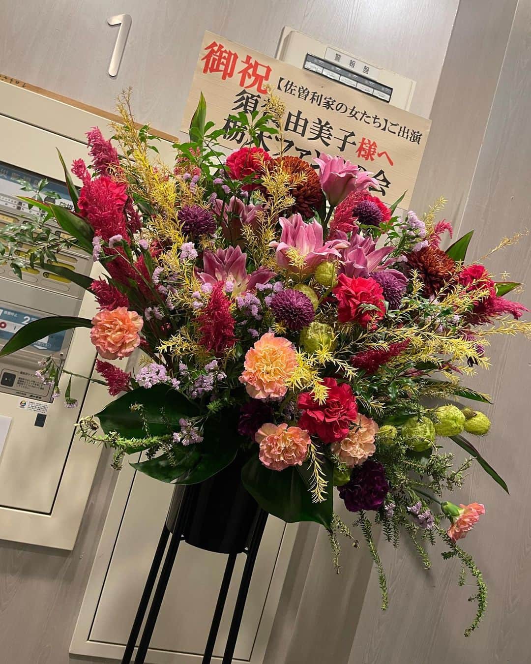 須賀由美子さんのインスタグラム写真 - (須賀由美子Instagram)「#さそり家  私にとっては初日で中日無事終演。 ステキなお花も ありがとうございます‼️ 栃木ファンミの会って😆 そしてまきさんやともこさんからの メッセージにも感激。私が初日だからとセリフ回ししてくださった🅱️チームの皆様にも感謝が溢れます。 そして来てくださった皆様、 配信を見てくださった皆様、 本当にありがとうございます😊 劇場の魔法の時共演したシェリルちゃんや冨家先生や黒テントの宮崎さんも来てくれて、それぞれ温かいお言葉をプレゼントしてくれました💕一つ一つを胸にまた明日！  明日明後日は満席‼️ 見切れ席限定何席か出すそうです、 ご希望の方はDMで^_^  そして明日明後日と来てくださるお客様、どうかお気をつけていらしてくださいませー⭐️」12月1日 22時30分 - tottiyumi