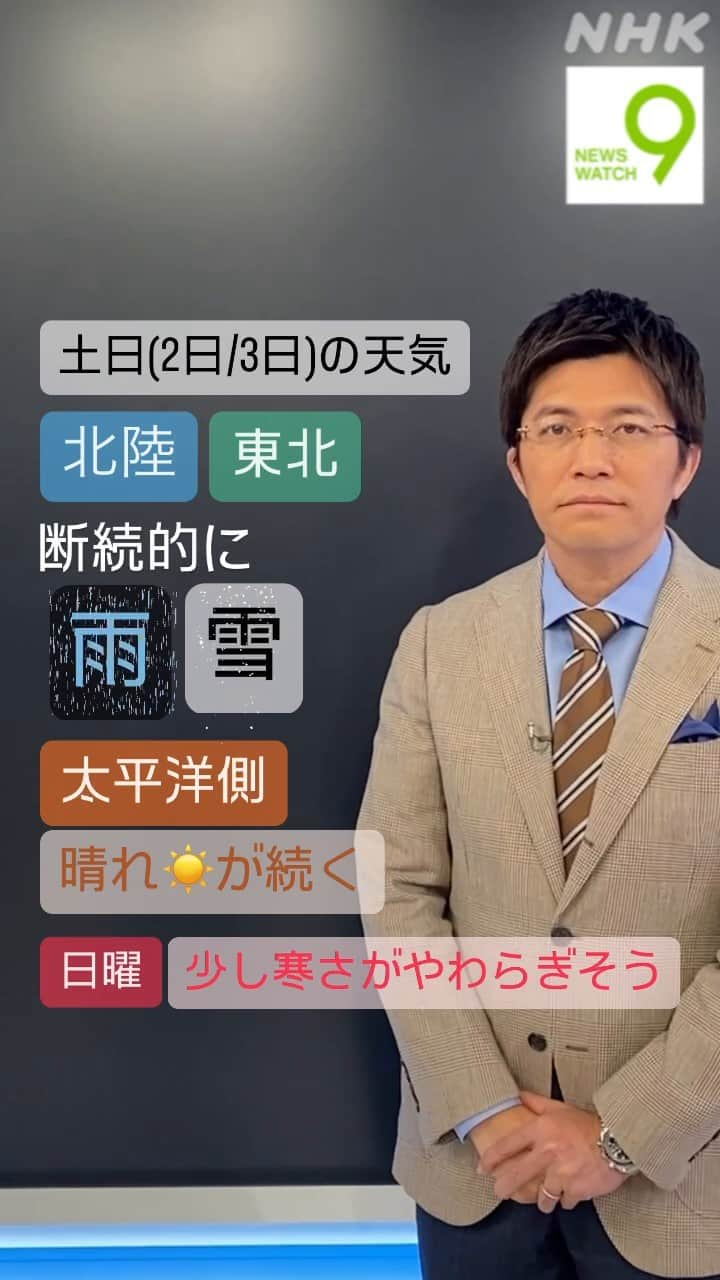 NHK「ニュースウオッチ９」のインスタグラム：「この土日(2日・3日)は北陸や東北で 断続的に雨や雪が降るでしょう  太平洋側は晴れが続くところが多く 日曜日には少し寒さがやわらぎそうです  #ニュースウオッチ9 #斉田季実治 #15秒天気予報」